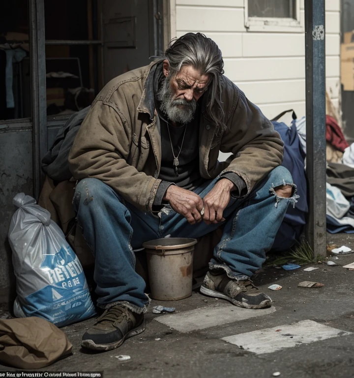 A hauntingly realistic depiction of a forlorn homeless man, clad in tattered and worn-out clothes, sits despondently on the cold, unforgiving concrete floor of a grimy, abandoned alley. The mounds of discarded trash surrounding him add to the air of despair, and the weight of his despair seems almost palpable, as if he's on the very brink of giving up on life. The once vibrant colors of his clothing, now faded and threadbare, mirror the dimness of his spirit, and his hollowed eyes tell a story of pain and suffering. With each painful breath, the man clings to life, a testament to the resilience of