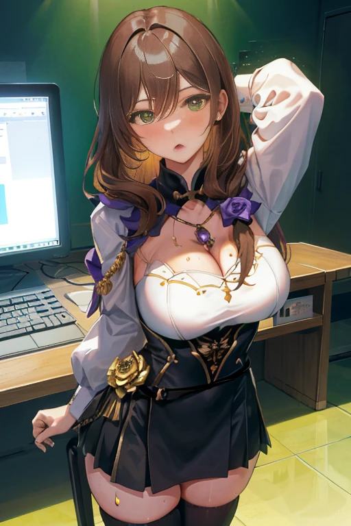 (thighsに触れて), Lisa, genshin impact, 1 girl, alone, ((white shirt)), black Thighhighs, huge breasts, big breasts, cleavage, uniform, office background, black skirt, pleated skirt, office, hair between eyes, messy hair, big breasts, long hair, brown hair, red short nails, green eyes, alone, Thighhighs, thighs, very long hair, ((masterpiece)), Chair, Mechanical, computer on Mechanical, name tag, id tag, indoor, blush, open your mouth a little, close your eyes, adult woman, erotic woman, sweating, I can see through my clothes, radical look, cowboy shot, (Are standing:1.3), (leaning forward:1.3), Curvaceous, Extreme clothing, emphasize the chest, proudly, Fascinate the chest, raise your arms,
