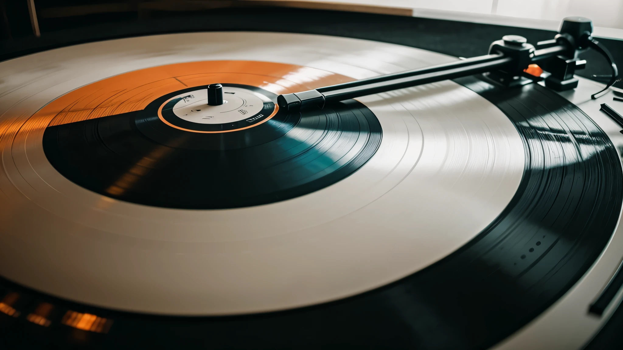 Vinyl records and turntables: Close-up shots of vinyl records spinning on a turntable, capturing the soothing motion and warm aesthetic of analog music.