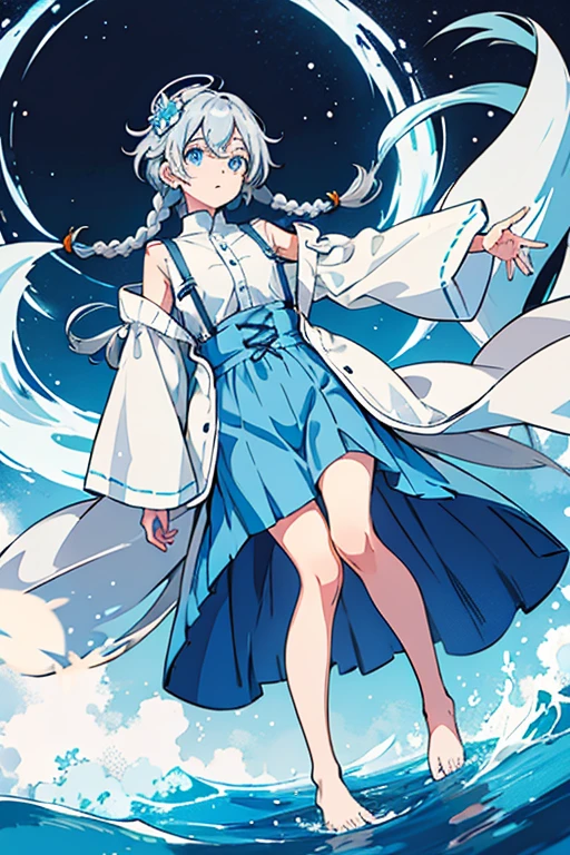 1 girl, Orange Sleeve, gray hair, white skin, Light blue hair ornament, Blue suspenders, blue clothes, light blue eyes, Barefoot, double braids