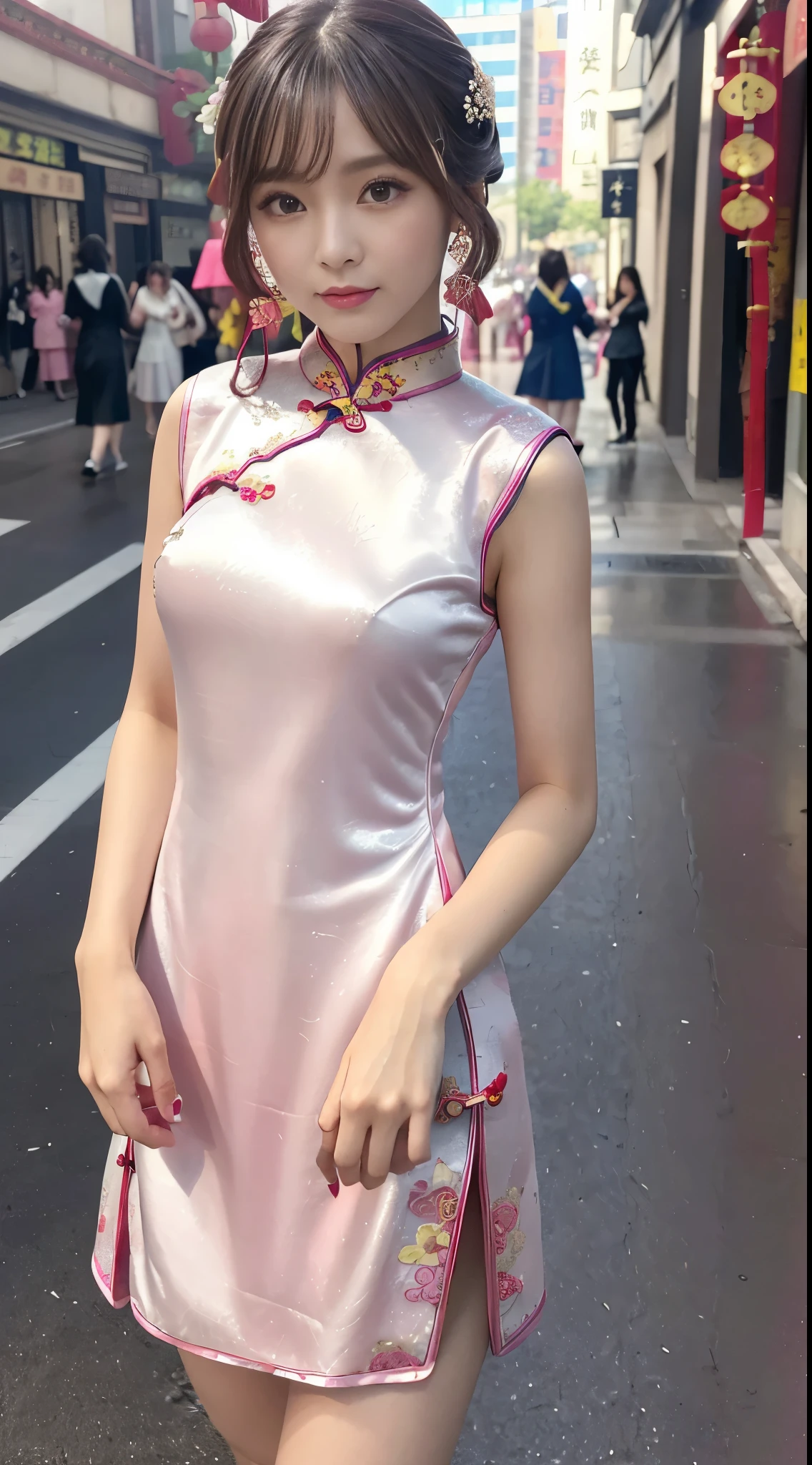 hight resolution、high-level image quality、8K、Real live-action、masutepiece、Walking、Model walking、catwalk、One beautiful young woman、(Soft Saturation:1.3)、(light skinned:1.2)、wearing white outfit、85mm lens、F / 8.0、Background Gal、brown haired、huge-breasted、(China Street:1.3)、1girl in、18year old、(Super Mini Cheongsam:1.5)、Side Tie Peak、(Pink cheongsam:1.5)、Beautiful lace material、Beautiful embroidery、Double pan and long twin tails、A dark-haired、