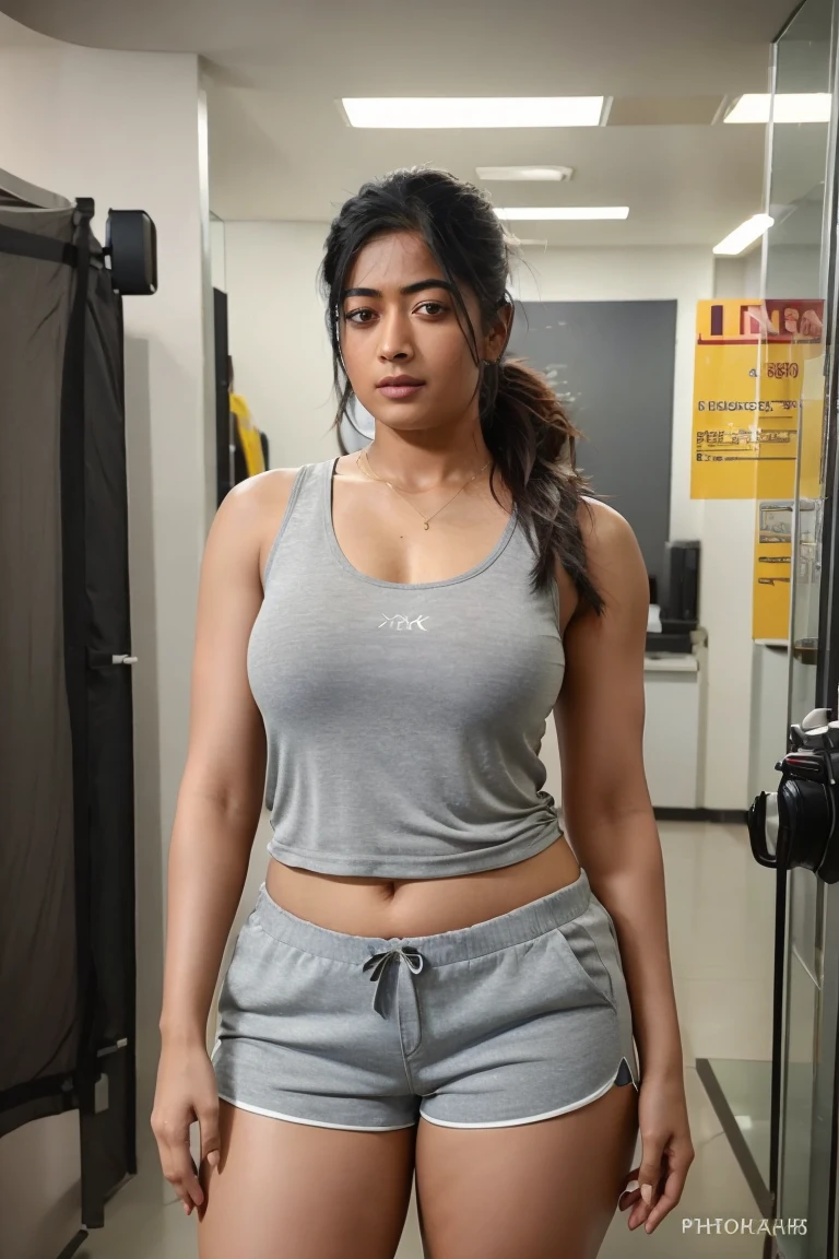 ((photorealistic)), ((8k photography)), Rashmika mandanna, with thick thighs and a curvy waist, wearing a tank top and tight shorts