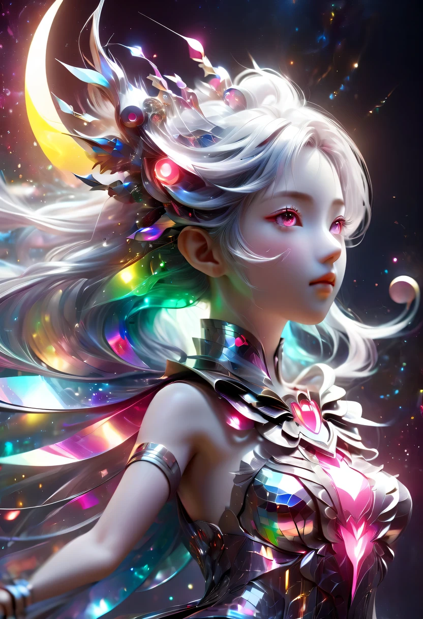 two-dimensional，A super cute &Quote;Sailor Moon&Quote;（Sailor Moon），mini pictures，Beautiful slim girl in anime style，cyberpunk，Steampunk，fault art，Holographic projection，mechanical aesthetics，Ancient，neon lights，laser light，fluorescence，space light，glow effect，Hermaphrodite Lighting，rainbow foil，Unreal Engine，Deep hybrid minimalism/极繁two-dimensional点画风格，Realistic oil painting/watercolor style，Cute and happy expression，Holographic specimen with layered shading，Hazy ruby and opal kaleidoscope on onyx background，Diffuse ionosphere，Vibrant iridescent contrasting colors，inspired by Edgar Degas、Vermeer、a lot of、莫奈等大师的masterpiece，neon lights复合体、money、uranium、Tin magnet layer details。HD clarity，masterpiece，Extra large round monochrome eyes，whole body，Big head doll，Front view，cute aesthetic，rich background，Rich in details。