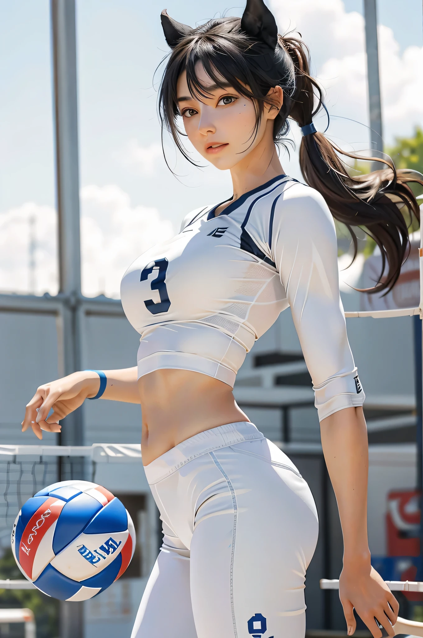 obra maestra:1.2,la mejor calidad),siendo realista,(fotos reales,Detalles complicados,profundidad de campos),Jugar voleibol(1 chica,solo),con piel clara,Delicado,yo,labios entreabiertos,Detalles altamente,es la cara perfecta,( pechos grandes cintura delgada, cola de caballo, (Girl Playing Volleyball, traje blanco de voleibol,pantalones mas cortos) desnuda