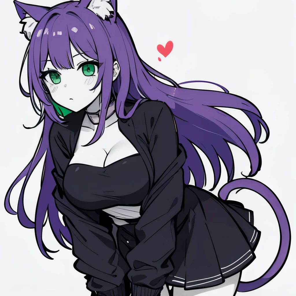 Cute anime cat girl, green eyes, curvy figure, wearing a skirt and jacket, tube top, purple hair 