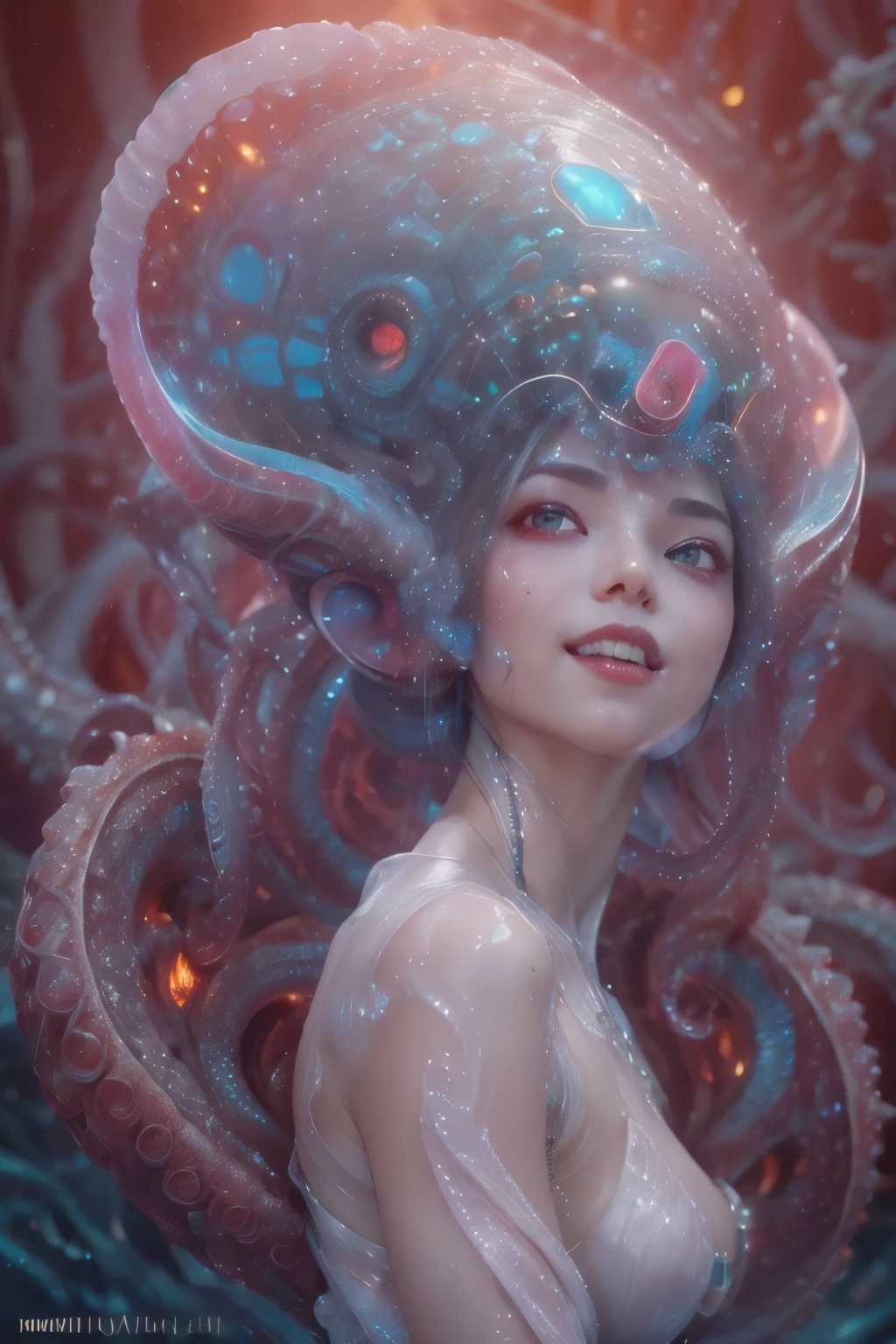 scary and sexy detailed art in color, Portrait, (beautiful and obscene female alien:1.4), (vulgarity1.7), (she has red eyes with no pupils:1.8), (Translucent white skin:1.7), (There is a female genital-like organ in the middle of the forehead:1.9), (The most beautiful face in the history of the universe:1.2),an evil gaze that seduces, (large mouth:1.1), (sharp teeth like a vampire:1.2), Full body portrait, (bio luminescent:1.5), (Smile wickedly:1.3), (sexypose:1.5), alien, No humans, cells are fused, (Lots of translucent tentacles:1.3) extraterrestrial, cell, bio image, best quality, 8K, In 4K_quality, High freshness, Dramatic Lighting, masutepiece:1.5,cinematic quality, detail up, (exquisite details:1.2), high resolution, High freshness, drawing faithfully, (Thick eyebrows:1.2), Beautiful eyes with fine symmetry,(Highly detailed face and eyes:1.2), Intimate face, (Super detailed skin quality feeling:1.4), perfect anatomy, (Beautiful toned body:1.5), (Moist skin:1.2), not wearing makeup, (dark circles:1.1), long canines, cinematic drawing of characters, ultra high quality model, cinematic quality, detail up, (exquisite details:1.2), high resolution, High freshness, drawing faithfully, official art, Unity 8K Wall paper, best quality, Very high resolution, ultra detailed artistic photography, midnight aura, unreal engine 5, Ultra Sharp Focus, art by Amano Yoshitaka, ArtGerm, Roisch, intricate artwork, best quality, masterpiece, ultra high resolution, (photos realistic:1.4), ultra realistic realism, dream-like, nautilus, Creation of fantasy, Snail, Dream Snail, (biopunk nautilus:1.3),Thrilling color schemes, ultra realistic realism, seductively smiling, Blue tentacles, Amazing mutation, well-proportioned body, goddess of the deep sea