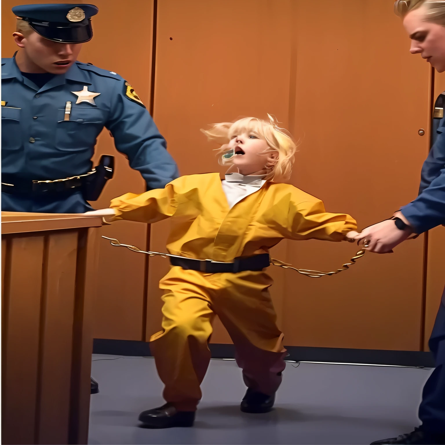a blond hair child girl in a yellow orange prisoner uniform being led by a police officers wearing blue police uniforms, a blond hair child girl in a yellow wearing orange prison jumpsuit, dressed in orange inmate attire, photo illustration, arrested, in jail, inspired by Robert Childress, wearing prison jumpsuit, ???, innocence, inspired by James Bolivar Manson, donald trump in jail, handcuffed, a blond hair child girl in a yellow orange prisoner uniform shouting with intense expression and begging for his life, realistic image, 16k resolution