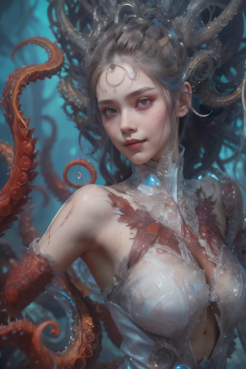 scary and sexy detailed art in color, Portrait, (beautiful and obscene female alien:1.4), (vulgarity1.7), (she has red eyes with no pupils:1.8), (Translucent white skin:1.7), (There is a female genital-like organ in the middle of the forehead:1.9), (The most beautiful face in the history of the universe:1.2),an evil gaze that seduces, (large mouth:1.1), (sharp teeth like a vampire:1.2), Full body portrait, (bio luminescent:1.5), (Smile wickedly:1.3), (sexypose:1.5), alien, No humans, cells are fused, (Lots of translucent tentacles:1.3) extraterrestrial, cell, bio image, best quality, 8K, In 4K_quality, High freshness, Dramatic Lighting, masutepiece:1.5,cinematic quality, detail up, (exquisite details:1.2), high resolution, High freshness, drawing faithfully, (Thick eyebrows:1.2), Beautiful eyes with fine symmetry,(Highly detailed face and eyes:1.2), Intimate face, (Super detailed skin quality feeling:1.4), perfect anatomy, (Beautiful toned body:1.5), (Moist skin:1.2), not wearing makeup, (dark circles:1.1), long canines, cinematic drawing of characters, ultra high quality model, cinematic quality, detail up, (exquisite details:1.2), high resolution, High freshness, drawing faithfully, official art, Unity 8K Wall paper, best quality, Very high resolution, ultra detailed artistic photography, midnight aura, unreal engine 5, Ultra Sharp Focus, art by Amano Yoshitaka, ArtGerm, Roisch, intricate artwork, best quality, masterpiece, ultra high resolution, (photos realistic:1.4), ultra realistic realism, dream-like, nautilus, Creation of fantasy, Snail, Dream Snail, (biopunk nautilus:1.3),Thrilling color schemes, ultra realistic realism, seductively smiling, Blue tentacles, Amazing mutation, well-proportioned body, goddess of the deep sea