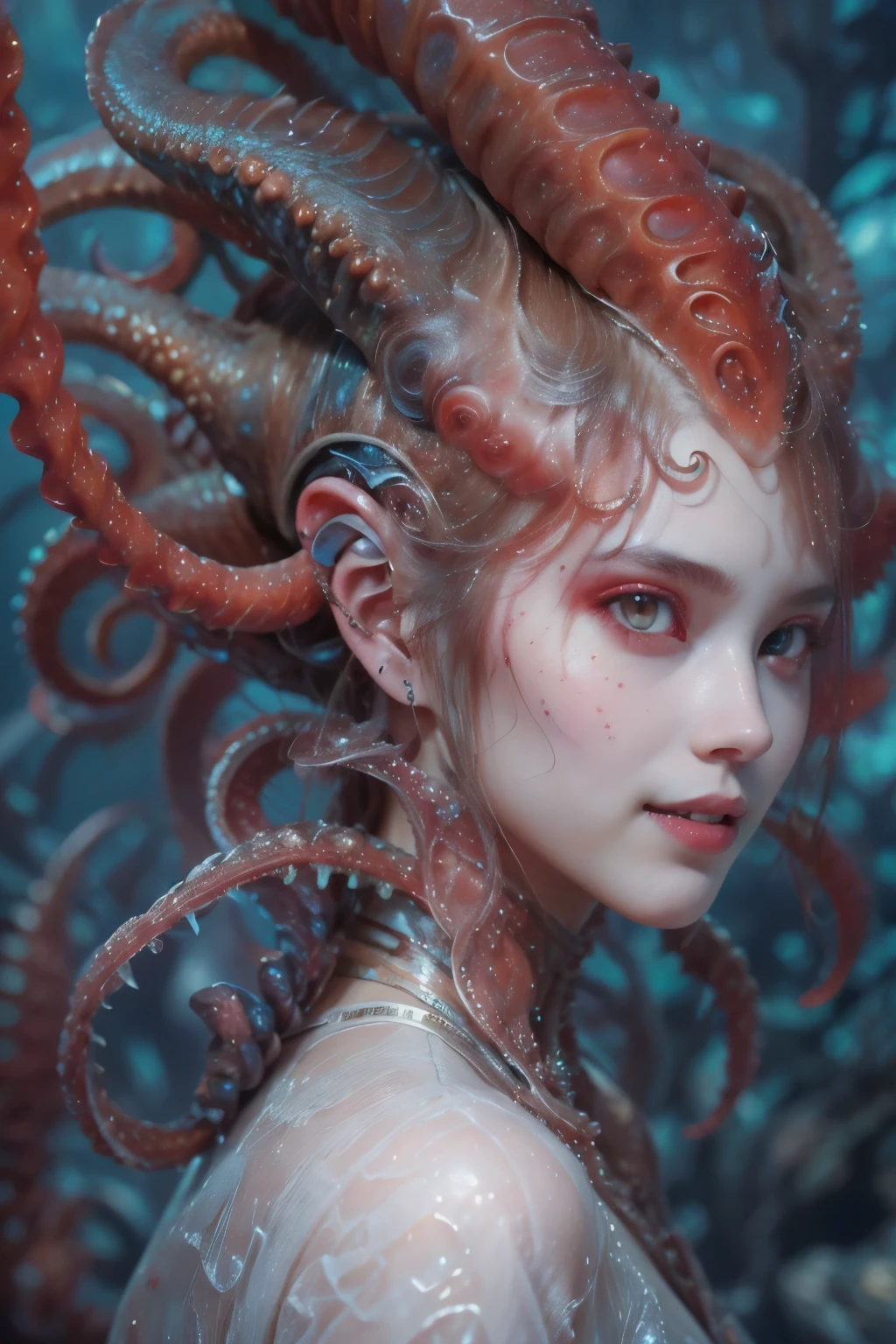 scary and sexy detailed art in color, Portrait, (beautiful and obscene female alien:1.4), (vulgarity1.7), (she has red eyes with no pupils:1.8), (Translucent white skin:1.7), (There is a female genital-like organ in the middle of the forehead:1.9), (The most beautiful face in the history of the universe:1.2),an evil gaze that seduces, (large mouth:1.1), (sharp teeth like a vampire:1.2), Full body portrait, (bio luminescent:1.5), (Smile wickedly:1.3), (sexypose:1.5), alien, No humans, cells are fused, (Lots of translucent tentacles:1.3) extraterrestrial, cell, bio image, best quality, 8K, In 4K_quality, High freshness, Dramatic Lighting, masutepiece:1.5,cinematic quality, detail up, (exquisite details:1.2), high resolution, High freshness, drawing faithfully, (Thick eyebrows:1.2), Beautiful eyes with fine symmetry,(Highly detailed face and eyes:1.2), Intimate face, (Super detailed skin quality feeling:1.4), perfect anatomy, (Beautiful toned body:1.5), (Moist skin:1.2), not wearing makeup, (dark circles:1.1), long canines, cinematic drawing of characters, ultra high quality model, cinematic quality, detail up, (exquisite details:1.2), high resolution, High freshness, drawing faithfully, official art, Unity 8K Wall paper, best quality, Very high resolution, ultra detailed artistic photography, midnight aura, unreal engine 5, Ultra Sharp Focus, art by Amano Yoshitaka, ArtGerm, Roisch, intricate artwork, best quality, masterpiece, ultra high resolution, (photos realistic:1.4), ultra realistic realism, dream-like, nautilus, Creation of fantasy, Snail, Dream Snail, (biopunk nautilus:1.3),Thrilling color schemes, ultra realistic realism, seductively smiling, Blue tentacles, Amazing mutation, well-proportioned body, goddess of the deep sea