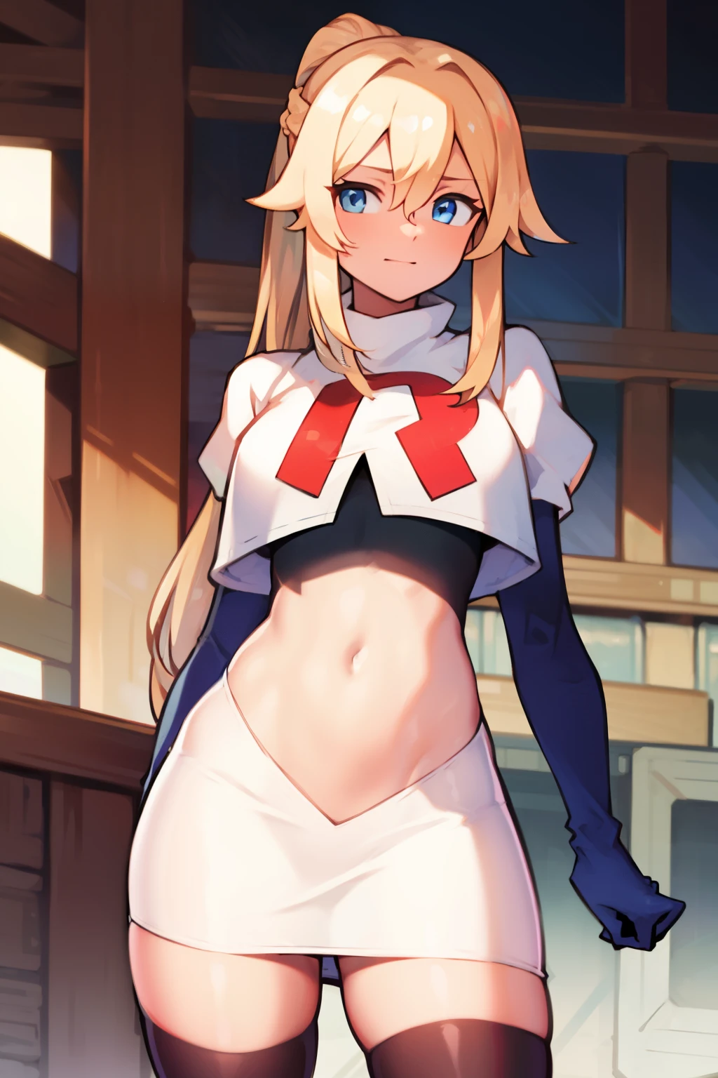 absurdres, highres, (official art, beautiful and aesthetic:1.2), ultra detail, beautiful person, bangs, blue eyes, blonde hair, long hair, hair between eyes, ponytail,
gloves, bow, hair between eyes, ponytail, hair bow, sidelocks, jean \(genshin impact\),
team rocket,team rocket uniform,white skirt,red letter R,crop top,black thigh-highs,black elbow gloves,