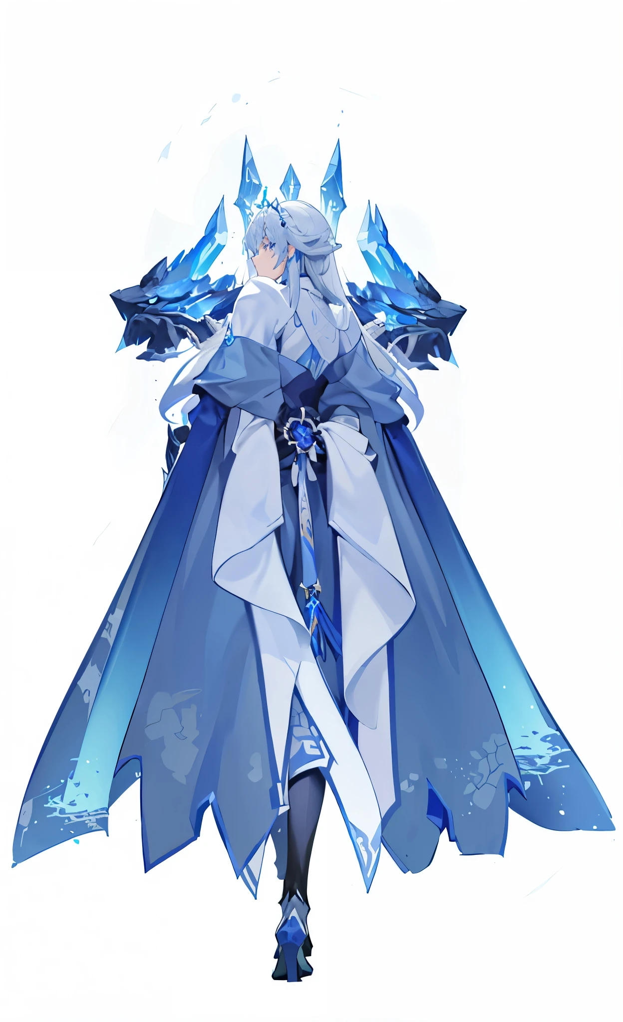 One in costume、Close-up of a man with a sword, Silver ice reflective armor, Ice crystal armor, Azure Cloak, Onmyoji Detailed Art, proper style, full body xianxia, Ghost knife style, Moon themed clothing, Ice Mage, Blue and colored armor, I'm going, 《Genshin》Keqing in,back view
