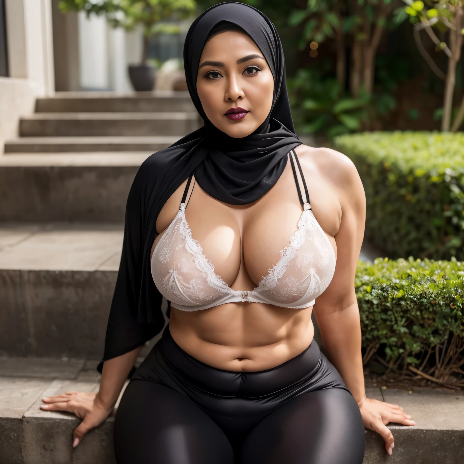 55 Years old, (Sugar granny), Indonesian mature woman, wearing Wide Hijab, (PAWG : 1.2), (BBW : 1.2), Oily White Like Porcelain Skin, (perfect Six pack abs : 1.3), (natural Flat-Chest), (Black Sensual Lipstick : 1.5), gorgeous eyes, Soft smile, wear a red lace bra and a tight transparent legging, necklace, Alluring Face, Erotic pose, DayTime walk, City garden, Excellent lighting, Light colors, Clean lines