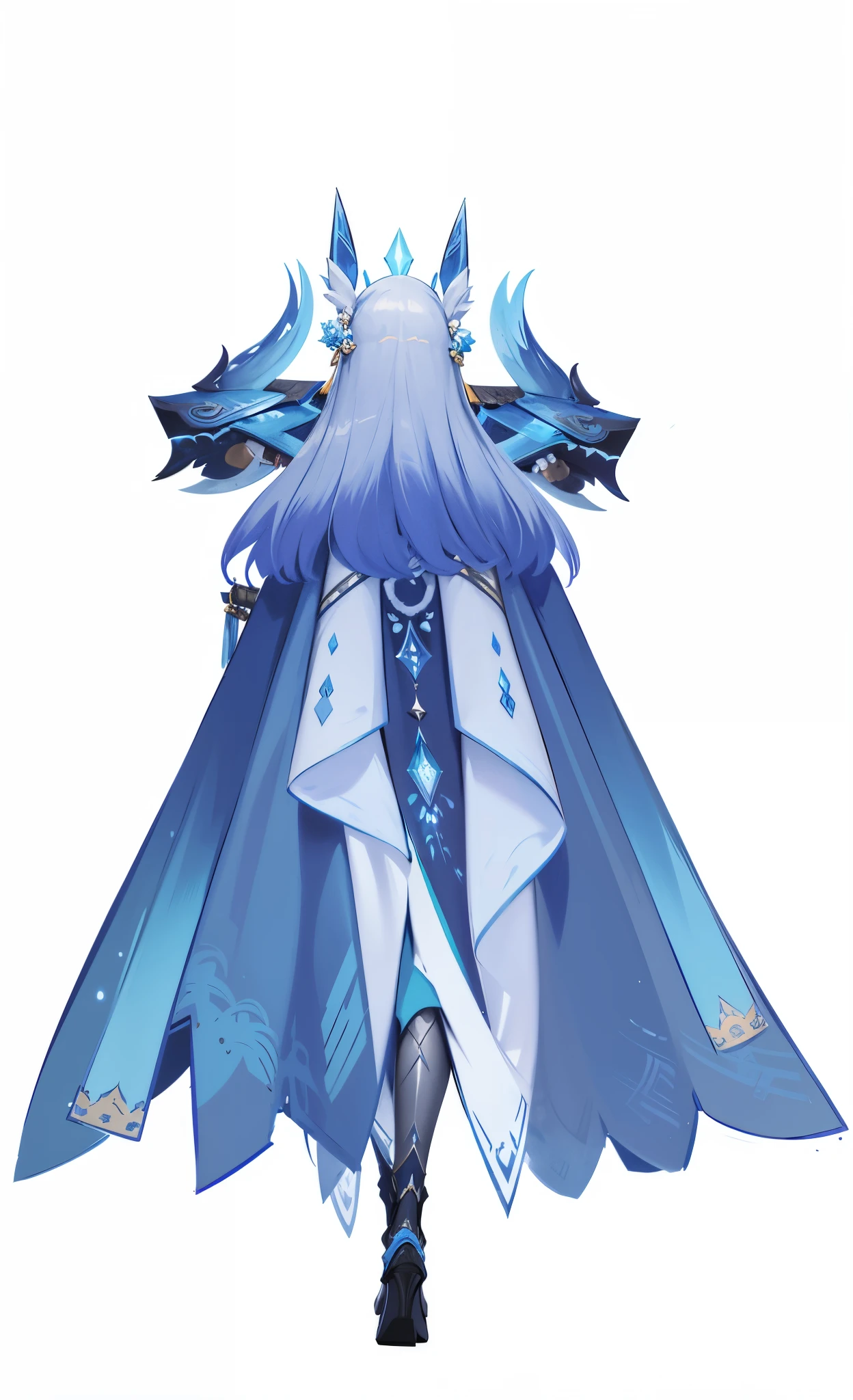 Close-up of the back of a character in costume,gorgeous costumes,flowing long hair,flowing blue cloak,Silver ice reflective armor, Ice crystal armor, Azure Cloak, Onmyoji Detailed Art, proper style, full body xianxia, Ghost knife style, Moon themed clothing, Ice Mage, Blue and colored armor, 8k