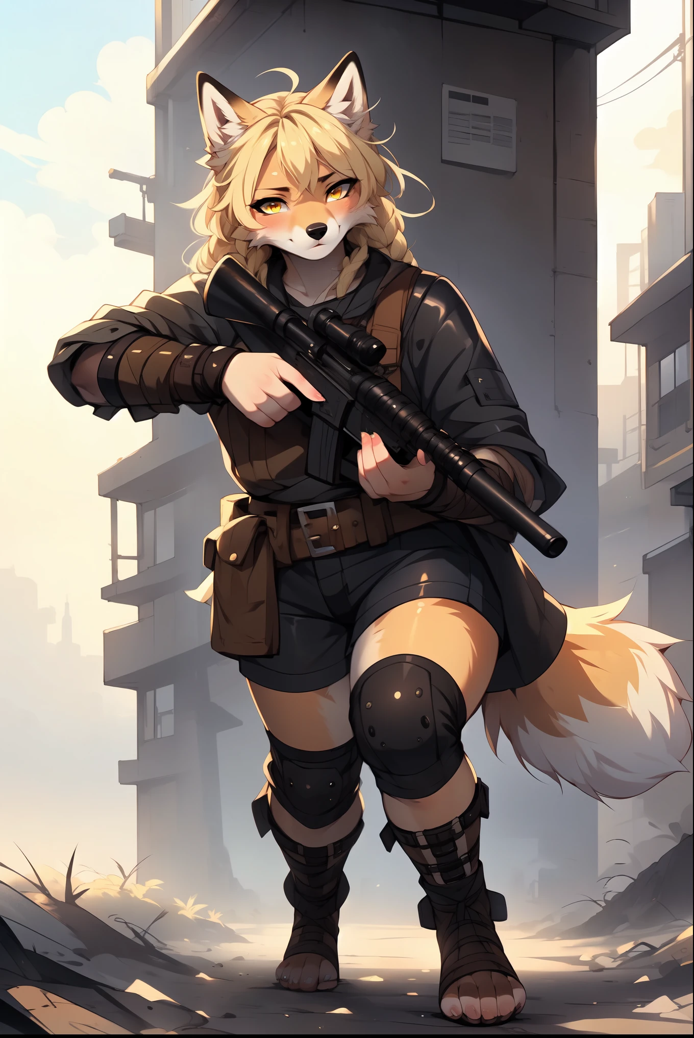 By fumiko, by hyattlen, by hioshiru, solo, tan fox girl, blonde hair, yellow eyes, cute snout, black nose, blonde fox tail, wearing brown cloak, leather armor top, leather short shorts, foot wraps, leather gauntlets, exposed fingers, feet wrapped in bandages, exposed toes, holding a sniper rifle with both hands   BREAK     in a post apocalyptic world, walking, looking concerned, wide open scene, foggy, 