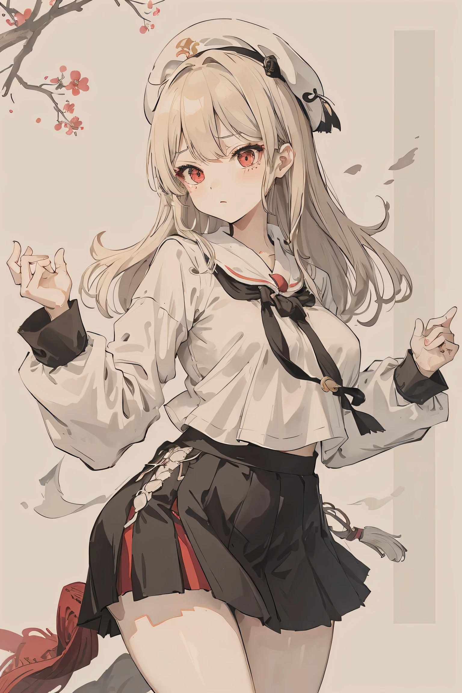 sparrow, two girls, twin girl, a silver haires girl, a blonde haired girl, wearing a priestess clothes, medium hair, messy hair, black skirt, white shirt, slim body, medium breasts, she close her left eye, shirt ornament, lolippai, white beret, angry face, beautiful breasts, rounded breasts, red eyes, miniskirt, praying pose,
