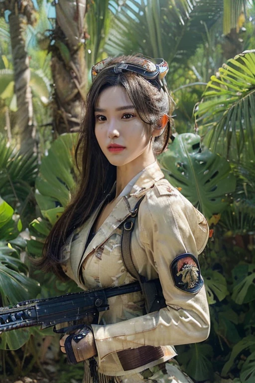 extremely detailed CG unity 32K wallpaper, top quality, masterpiece, raw photo, photorealistic, highest resolution, professional photo, dynamic, cinematic lighting, (steampunk:1.4), sharp focus, depth of field, (perfect body, correct anatomy:1.5), intricately detailed face, expressive face, POV, (from front:1.3), 1 girl, Japanese woman, ((female soldier:1.3)), solo, cowboy shot, black hair, SINGLE hair bun, ultra-realistic skin, detailed skin, tan, (bright eyes:1.4), highly detailed nose and lips, (tall nose:1.5), slim outline of the face, expressionless, ((camouflaged suit:1.3)), ((combat uniform of Imperial Japanese Army:1.5)), (slender, medium breast:1.5), ((perfect body proportion:1.4)), during a combat against hostile armed group, (((shooting an assault rifle:1.5))), (((holding 1 assault rifle:1.2))), ((tropical area, forest, noon, outdoor:1.5))