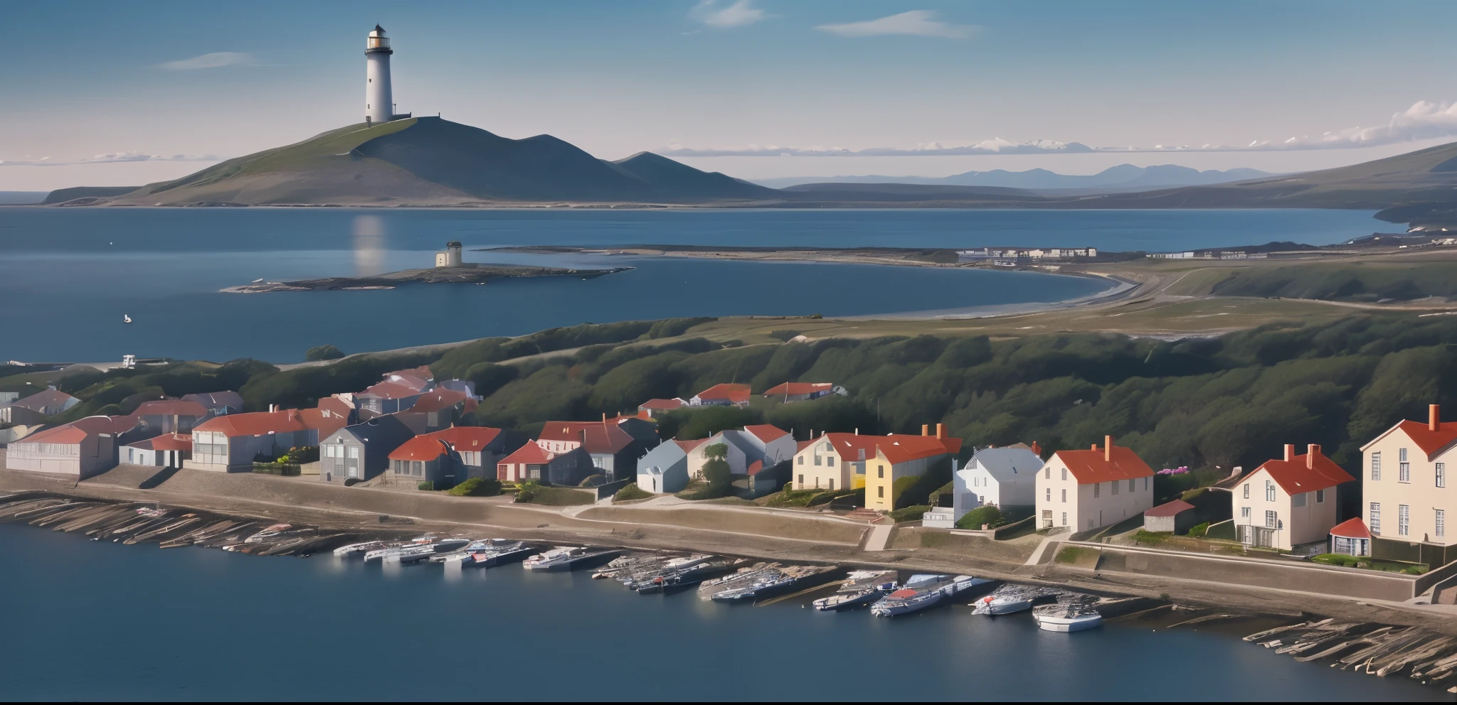 harbour,ten buildings,In front of the building is the sea,Behind is a mountain,only a few houses,The mountain is shorter,一座lighthouse在最右边,The coastline is horizontal,The coastline is not curved,lighthouse