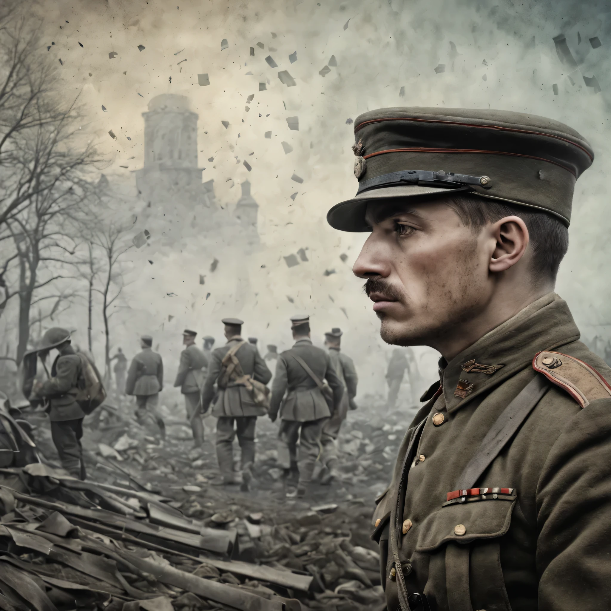 (in the foreground is the sad face of a tired soldier from the 1904 era.), (in the background is a collage of fragments of the events of a terrible war, which the soldier experienced, these events emerge in the fog as separate memories, and show all the bitterness of the way, passed by a soldier), high detail, a high resolution, Maximum realism, cinematic treatment