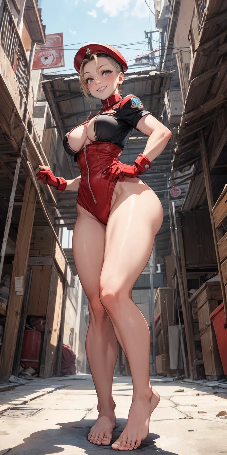 a woman standing at a symmetrical low angle, from below, barefoot, smiling lustfully with red blush, hands on hips, big knockers (beautiful girl, cammy), (bomb, pin-up style), 