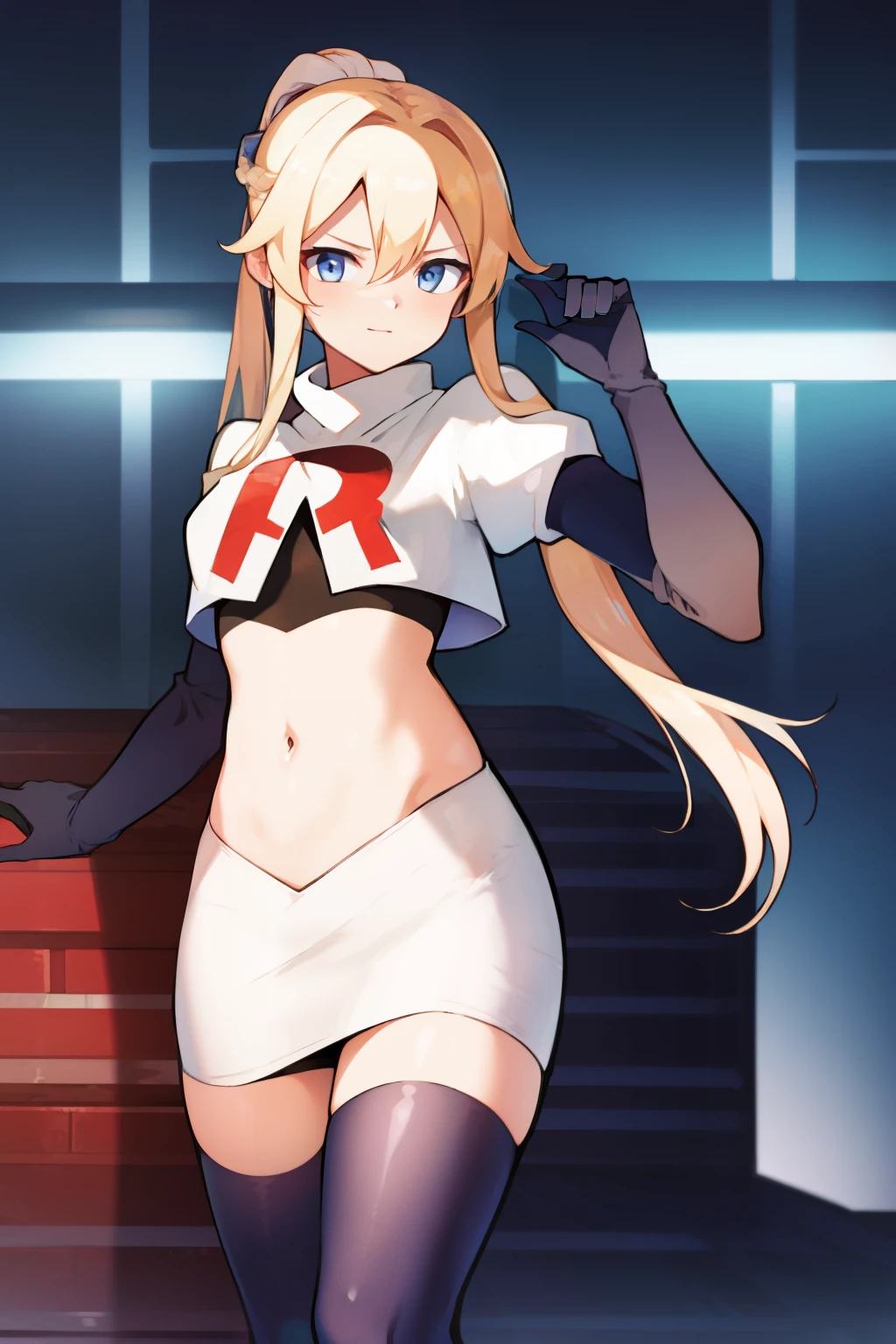 absurdres, highres, (official art, beautiful and aesthetic:1.2), ultra detail, beautiful person, bangs, blue eyes, blonde hair, long hair, hair between eyes, ponytail,
gloves, bow, hair between eyes, ponytail, hair bow, sidelocks, jean \(genshin impact\),
team rocket,team rocket uniform,white skirt,red letter R,crop top,black thigh-highs,black elbow gloves,