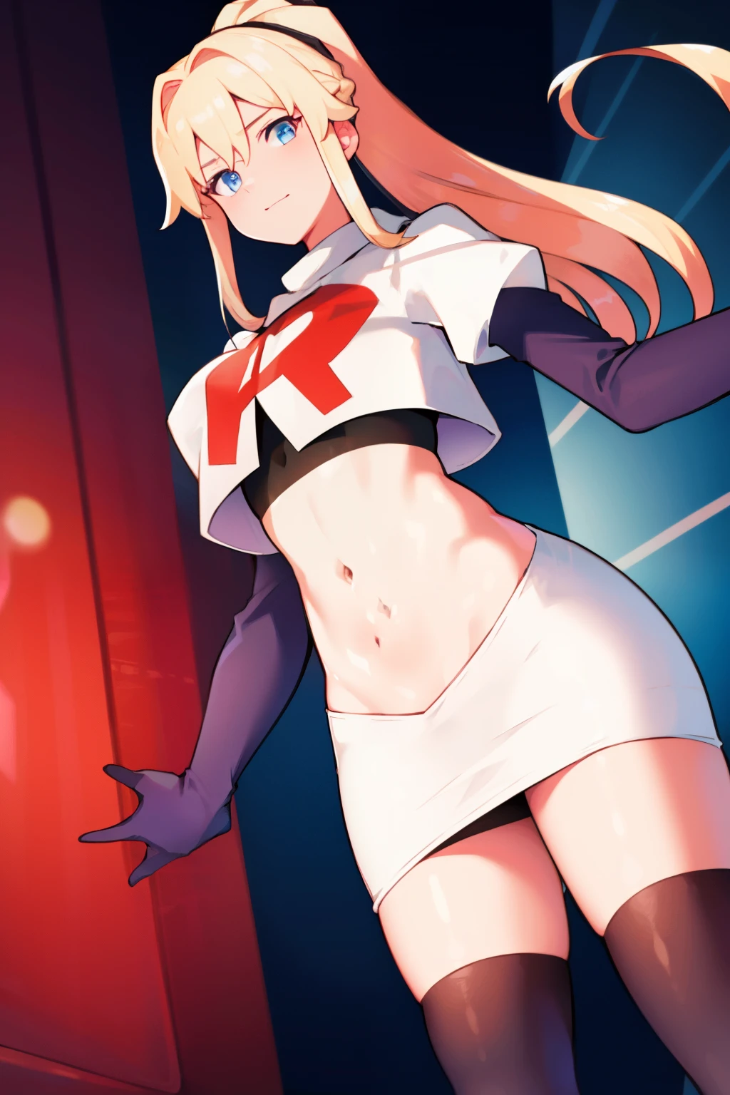 absurdres, highres, (official art, beautiful and aesthetic:1.2), ultra detail, beautiful person, bangs, blue eyes, blonde hair, long hair, hair between eyes, ponytail,
gloves, bow, hair between eyes, ponytail, hair bow, sidelocks, jean \(genshin impact\),
team rocket,team rocket uniform,white skirt,red letter R,crop top,black thigh-highs,black elbow gloves,