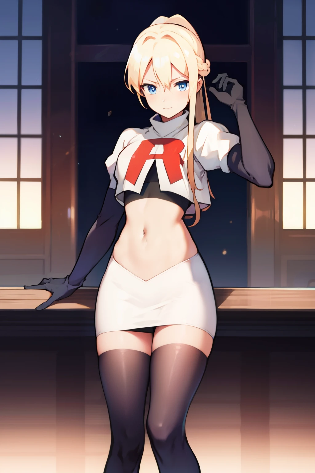 absurdres, highres, (official art, beautiful and aesthetic:1.2), ultra detail, beautiful person, bangs, blue eyes, blonde hair, long hair, hair between eyes, ponytail,
gloves, bow, hair between eyes, ponytail, hair bow, sidelocks, jean \(genshin impact\),
team rocket,team rocket uniform,white skirt,red letter R,crop top,black thigh-highs,black elbow gloves,
