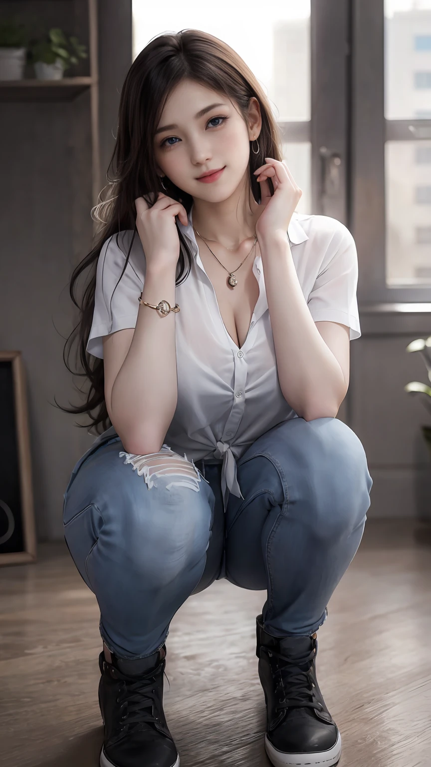 22 year old white female、Hair color is brunette、blue eyes、long hair、The ends of the hair are wavy、setting hair、accessories on wrist、wearing a necklace、has earrings、skin is smooth、Slender but muscular body、smile、wearing a tie front shirt、wearing skinny jeans、smile、Squatting