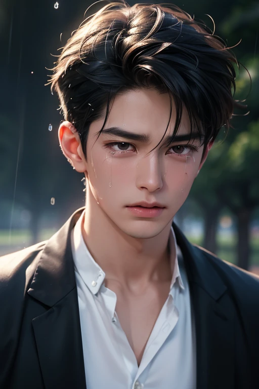 ((High quality)), ((masterpiece)), ((highly detailed)), perfect face, realistic, ((man)), ((Asian)), full body, young, 20 years old, black hair, comma hair style, ((handsome)), detailed eyes, beautiful detailed nose, realistic body, realistic light, comfortable expressions, sad expression, cute guy, sweat guy, cool guy, young, ((sad)), ((crying)), tears, sadness, rain, ((screaming)), a man was crying, his face was very sad, very disappointed, screaming