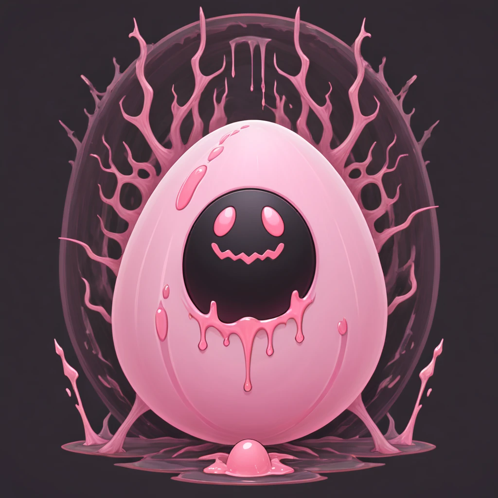 A giant pale pink blob with ebony black eyes and pink tendrils cascading down their head and a egg pouch with a egg on their chest holding knifes in paws and dripping crimson, in card art style
