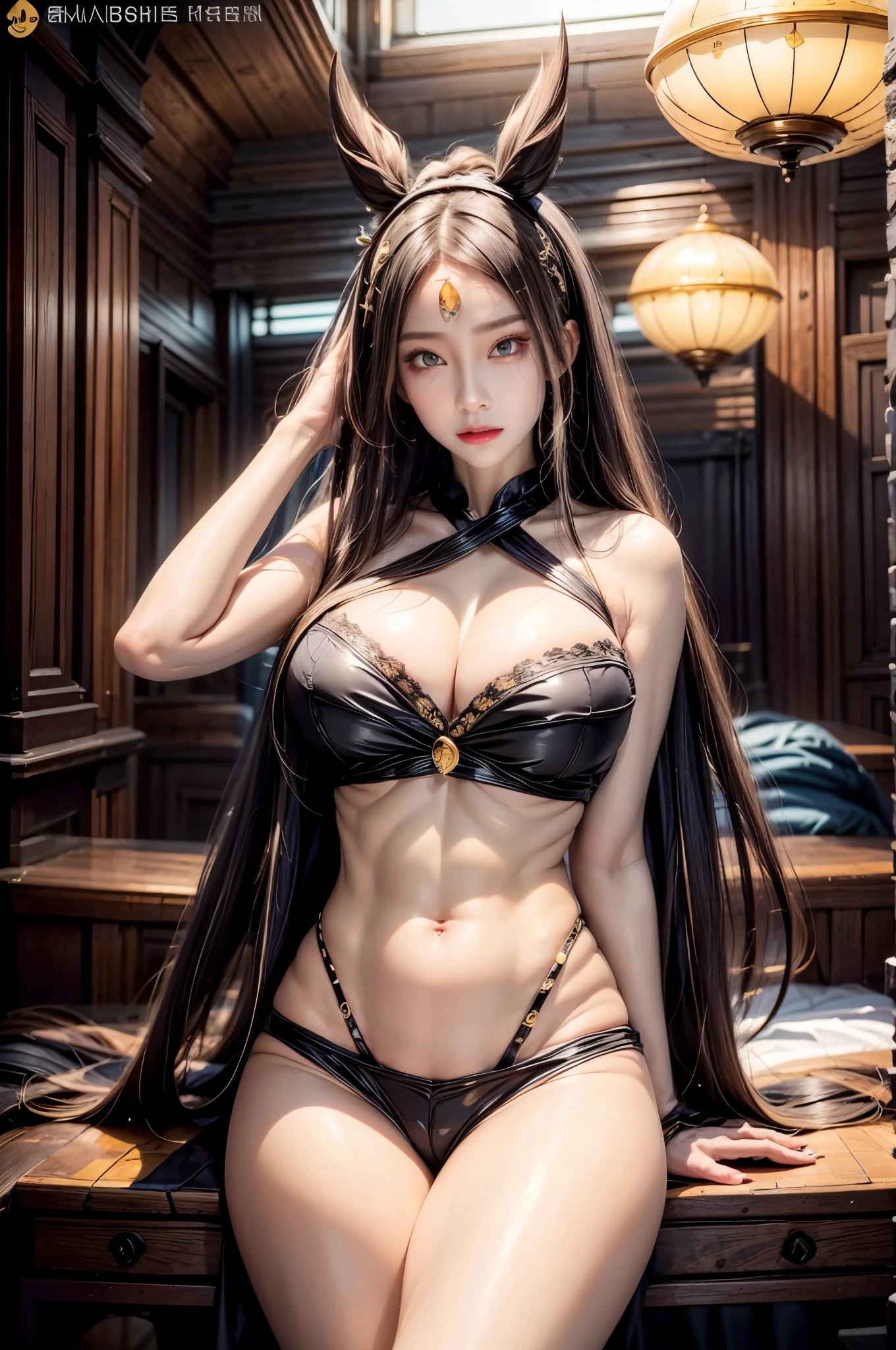 realistic, 1 women, best quality, 12k, HD, long hair, big round breasts, cleavage, ponytail, necklace, jewelry, shorts, short jacket, slim hips, hair tie, yellow eyes, black hair, super detailed, Eye details, hair details, person details, mouth details, face details, breast details, clothes details, hair details, pants details, hand details, whole body