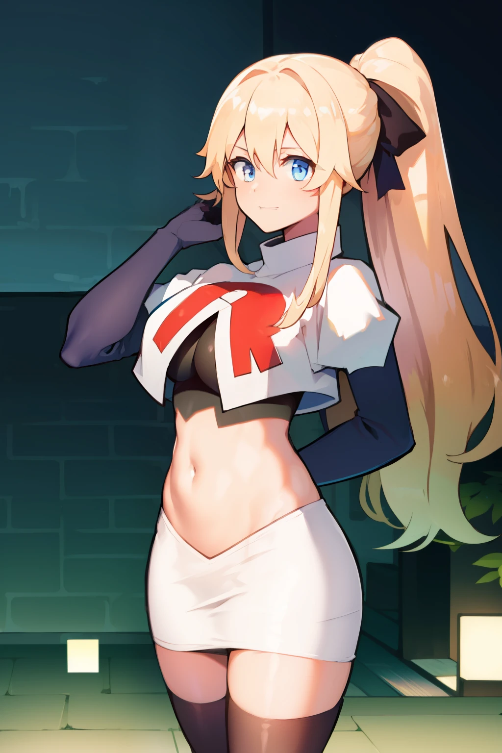 absurdres, highres, (official art, beautiful and aesthetic:1.2), ultra detail, beautiful person, bangs, blue eyes, blonde hair, long hair, hair between eyes, ponytail,
gloves, bow, hair between eyes, ponytail, hair bow, sidelocks, jean \(genshin impact\),
team rocket,team rocket uniform,white skirt,red letter R,crop top,black thigh-highs,black elbow gloves,