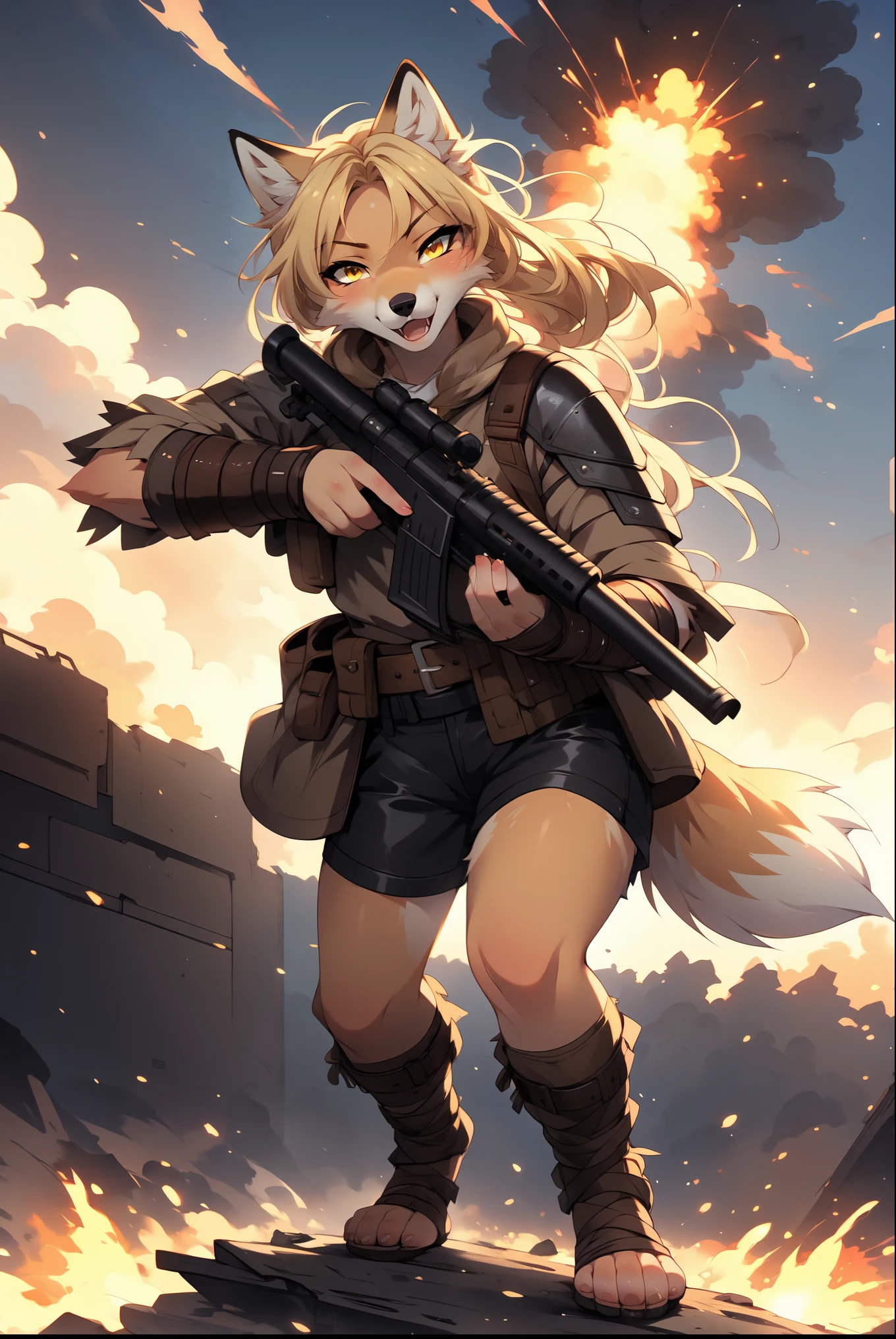By fumiko, by hyattlen, by hioshiru, solo, tan fox girl, blonde hair, yellow eyes, cute snout, black nose, blonde fox tail, wearing brown cloak, leather armor top, leather short shorts, foot wraps, leather gauntlets, exposed fingers, feet wrapped in bandages, exposed toes, holding a sniper rifle with both hands   BREAK     in a post apocalyptic world, explosion behind her, wide open scene, foggy, furrowed eyebrows, mouth open,