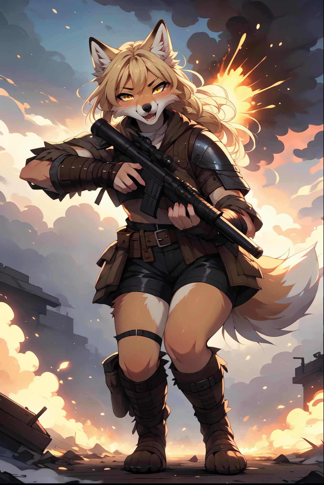 By fumiko, by hyattlen, by hioshiru, solo, tan fox girl, blonde hair, yellow eyes, cute snout, black nose, blonde fox tail, wearing brown cloak, leather armor top, leather short shorts, foot wraps, leather gauntlets, exposed fingers, feet wrapped in bandages, exposed toes, holding a sniper rifle with both hands   BREAK     in a post apocalyptic world, explosion behind her, wide open scene, foggy, furrowed eyebrows, mouth open,