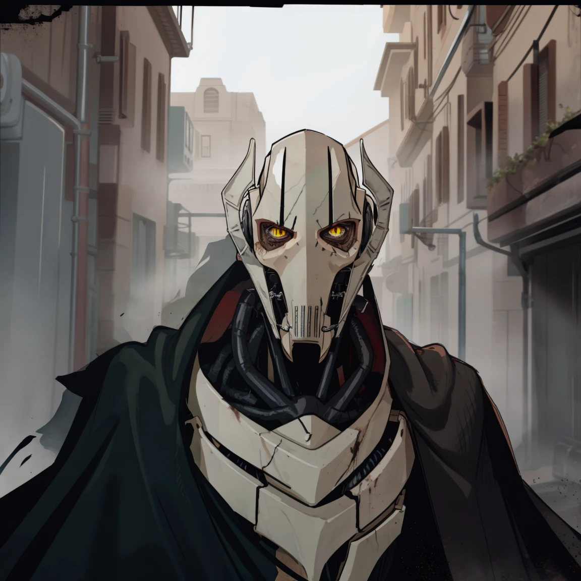 General Grievous, black cape, terrifying, tall, shadows, shading, slender, horrifying pose, dark alley, bloody, dark, looking at you, horror