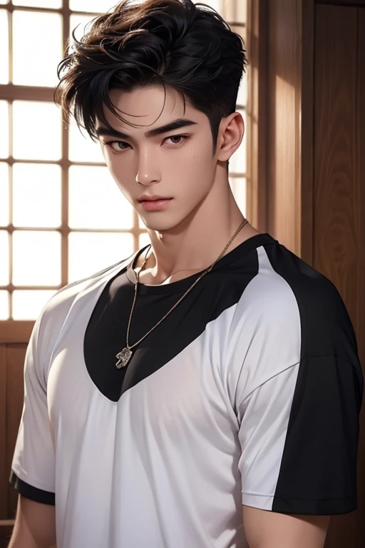 ((High quality)), ((masterpiece)), ((highly detailed)), perfect face, realistic, ((man)), ((Asian)), full body, young, 20 years old, black hair, comma hair style, ((handsome)), detailed eyes, beautiful detailed nose, realistic body, realistic light, comfortable expressions, cute guy, sweat guy, cool guy, young, muscular body, sport clothes, sexy