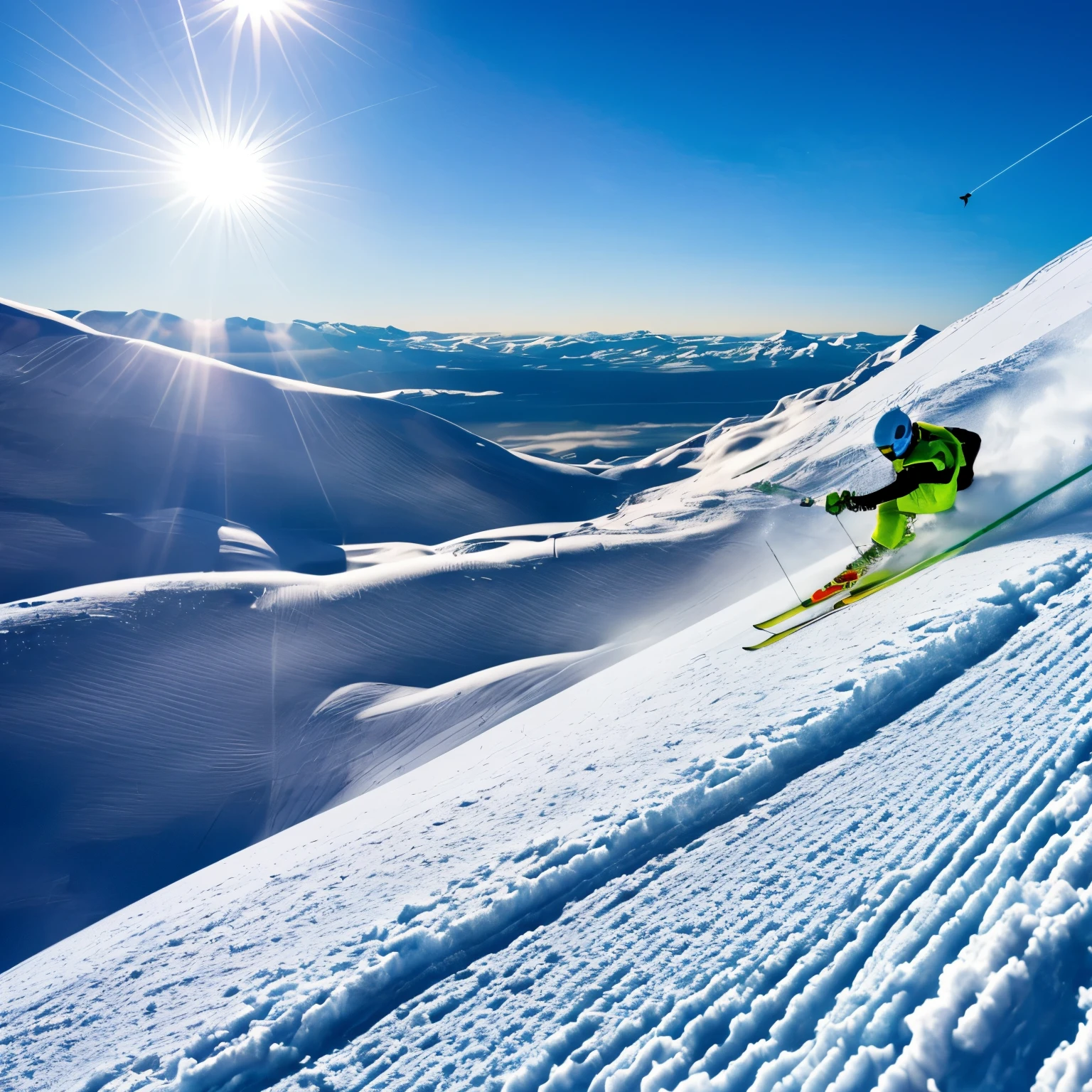 The skier skied at a high speed on the snowy mountain, leaving a beautiful arc, Polarizing Filters, depth of field control method, Surrealism, 64K, high resolution