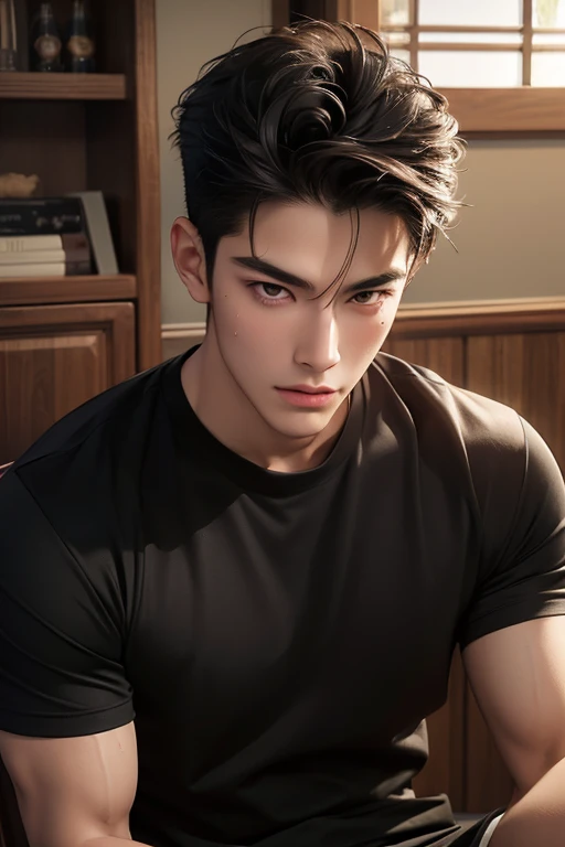 ((High quality)), ((masterpiece)), ((highly detailed)), perfect face, realistic, ((man)), ((Asian)), full body, young, 20 years old, black hair, comma hair style, ((handsome)), detailed eyes, beautiful detailed nose, realistic body, realistic light, comfortable expressions, cute guy, sweat guy, cool guy, young, muscular body, sport clothes, sexy