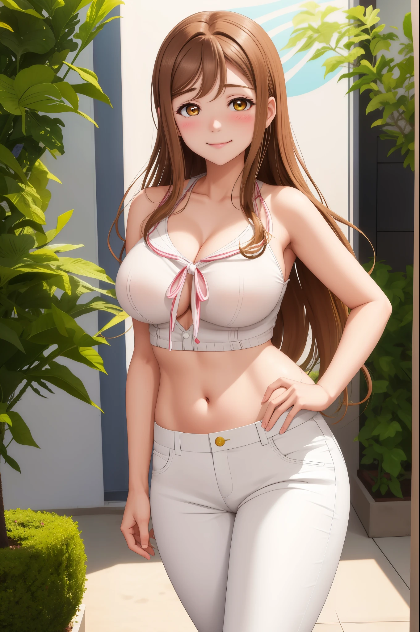 masterpiece, best quality, (kunikida hanamaru:0.999), (long hair:0.888), (breasts:0.878), (brown hair:0.875), (looking at viewer:0.699), (large breasts:1.0),  Blush, Closed mouth, idol top, white pants, embarrassed smile, standing 