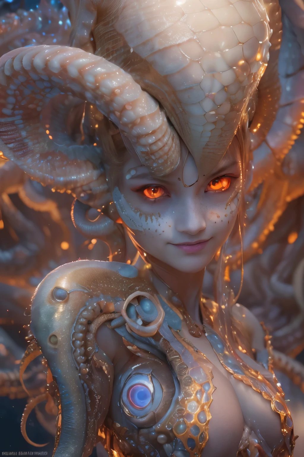 scary and sexy detailed art in color, Portrait, (beautiful and obscene female alien:1.4), (vulgarity1.7), (she has red eyes with no pupils:1.8), (Translucent skin:1.7),  (There is a female genital-like organ in the middle of the forehead:1.9), (The most beautiful face in the history of the universe:1.2),an evil gaze that seduces, (large mouth:1.1), (sharp teeth like a vampire:1.2), Full body portrait, (bio luminescent:1.5), (Smile wickedly:1.3),  (sexypose:1.5), alien, No humans, cells are fused, (Lots of translucent tentacles:1.3) extraterrestrial, cell, bio image, best quality, 8K,In 4K_quality, High freshness, Dramatic Lighting, masutepiece:1.5,cinematic quality, detail up, (exquisite details:1.2), high resolution, High freshness, drawing faithfully, (Thick eyebrows:1.2), Beautiful eyes with fine symmetry,(Highly detailed face and eyes:1.2), Intimate face, (Super detailed skin quality feeling:1.4), perfect anatomy,  (Beautiful toned body:1.5),  (Moist skin:1.2), not wearing makeup, (dark circles:1.1), long canines, cinematic drawing of characters, ultra high quality model, cinematic quality, detail up, (exquisite details:1.2), high resolution, High freshness, drawing faithfully, official art, Unity 8K Wall, best quality, Very high resolution, ultra detailed artistic photography, midnight aura,  unreal engine 5, Ultra Sharp Focus, art by Amano Yoshitaka, ArtGerm, Roisch, intricate artwork, best quality, masterpiece, ultra high resolution, (photos realistic:1.4), ultra realistic realism, dream-like, nautilus, Creation of fantasy, Snail, Dream Snail, (biopunk nautilus:1.3),Thrilling color schemes, ultra realistic realism, seductively smiling, Blue tentacles, Amazing mutation, well-proportioned body, goddess of the deep sea