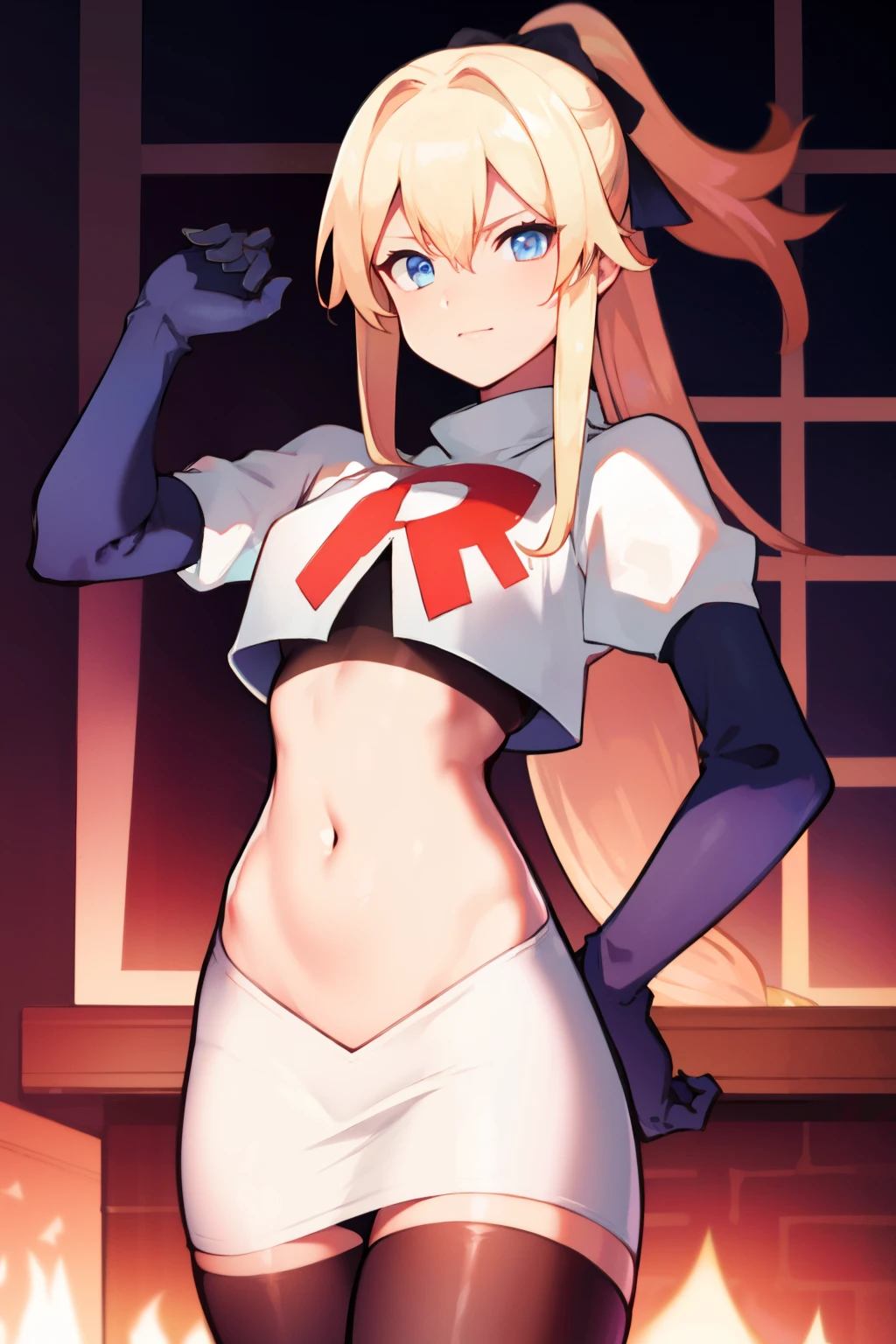 absurdres, highres, (official art, beautiful and aesthetic:1.2), ultra detail, beautiful person, bangs, blue eyes, blonde hair, long hair, hair between eyes, ponytail,
gloves, bow, hair between eyes, ponytail, hair bow, sidelocks, jean \(genshin impact\),
team rocket,team rocket uniform,white skirt,red letter R,crop top,black thigh-highs,black elbow gloves,