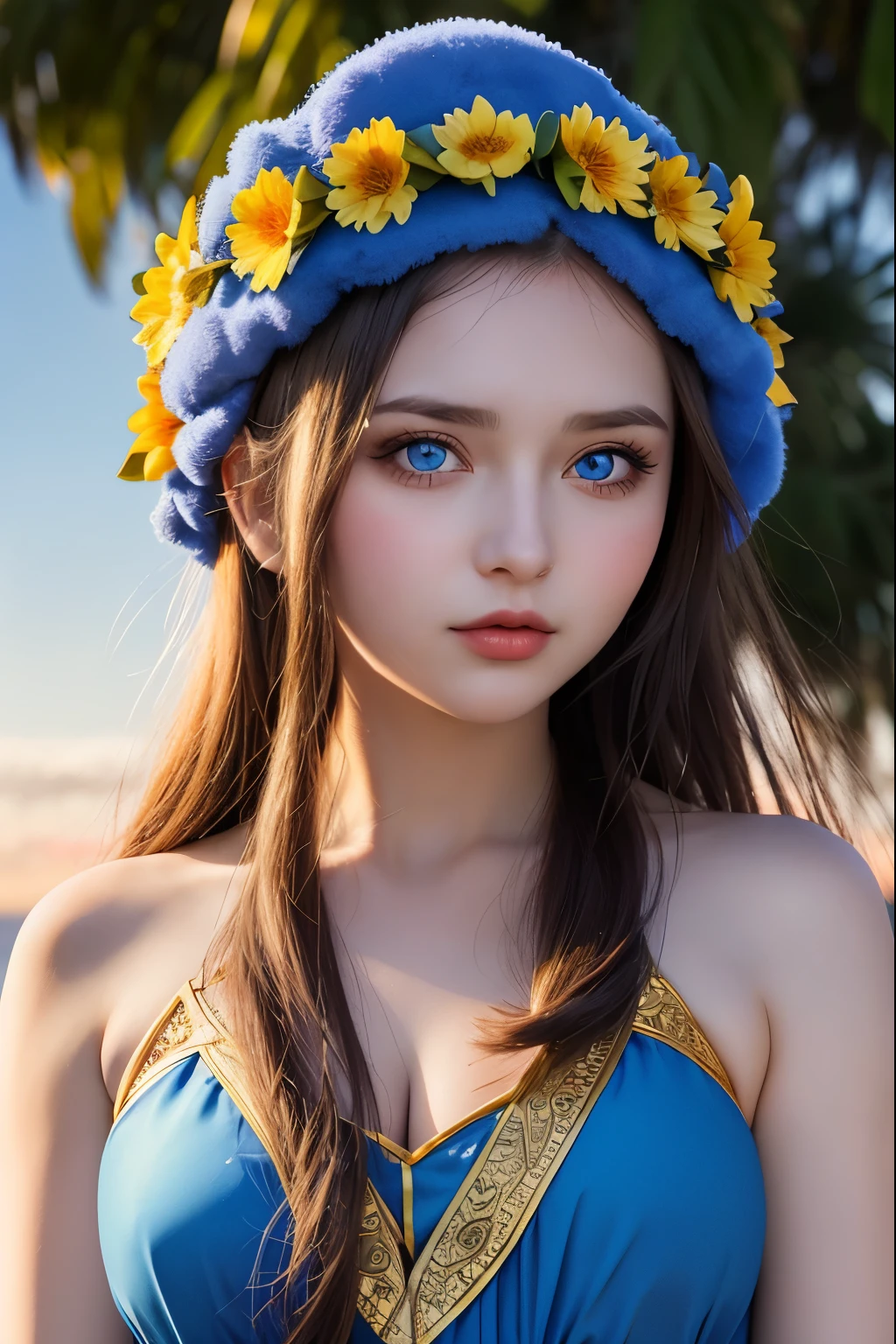 20 year old woman in Ukrainian costume Corolla wreath wearing wreath on head Blue eyes River and blue sky in background Afternoon light sunset realistic illustration
