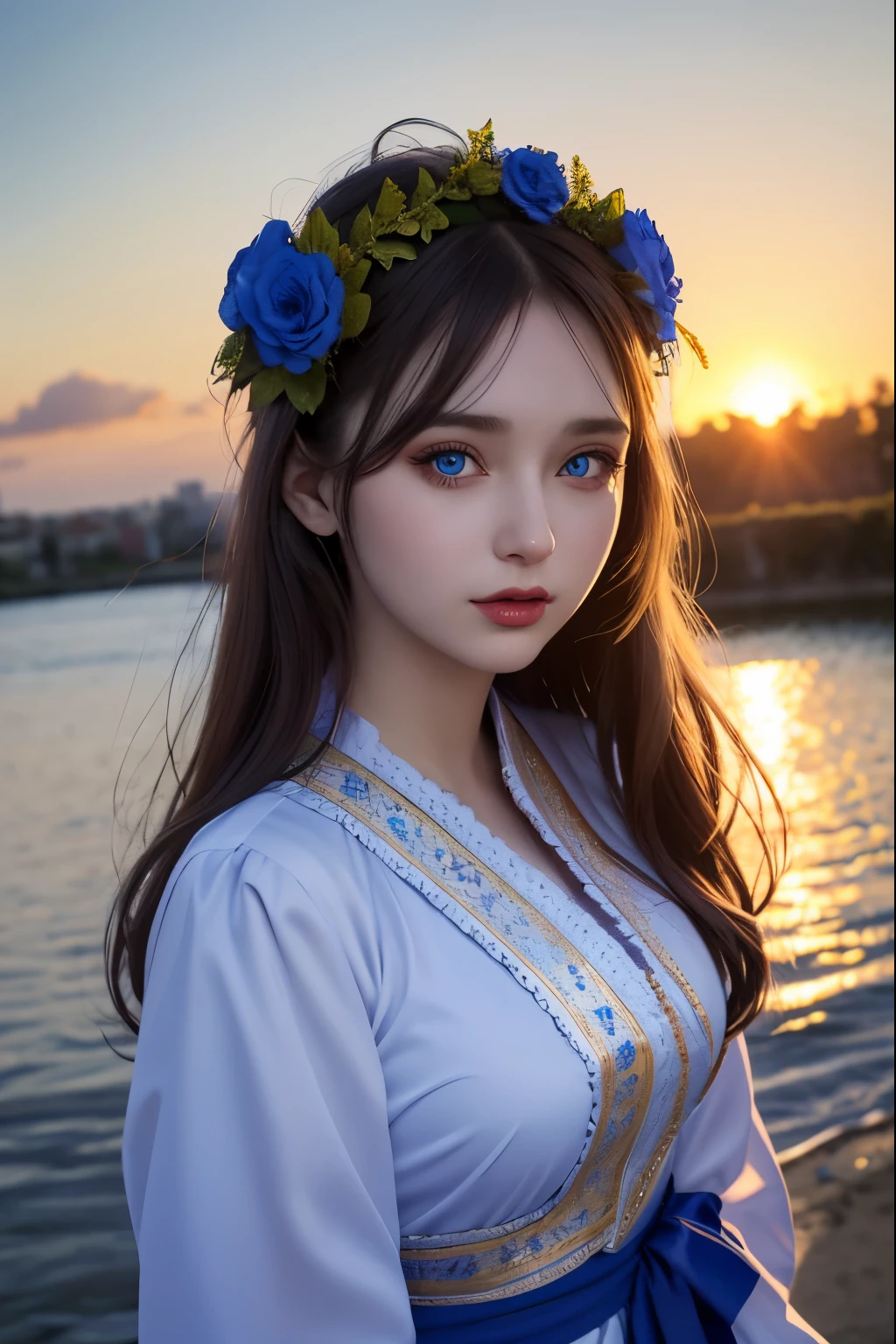 20 year old woman in Ukrainian costume Corolla wreath wearing wreath on head Blue eyes River and blue sky in background Afternoon light sunset realistic illustration