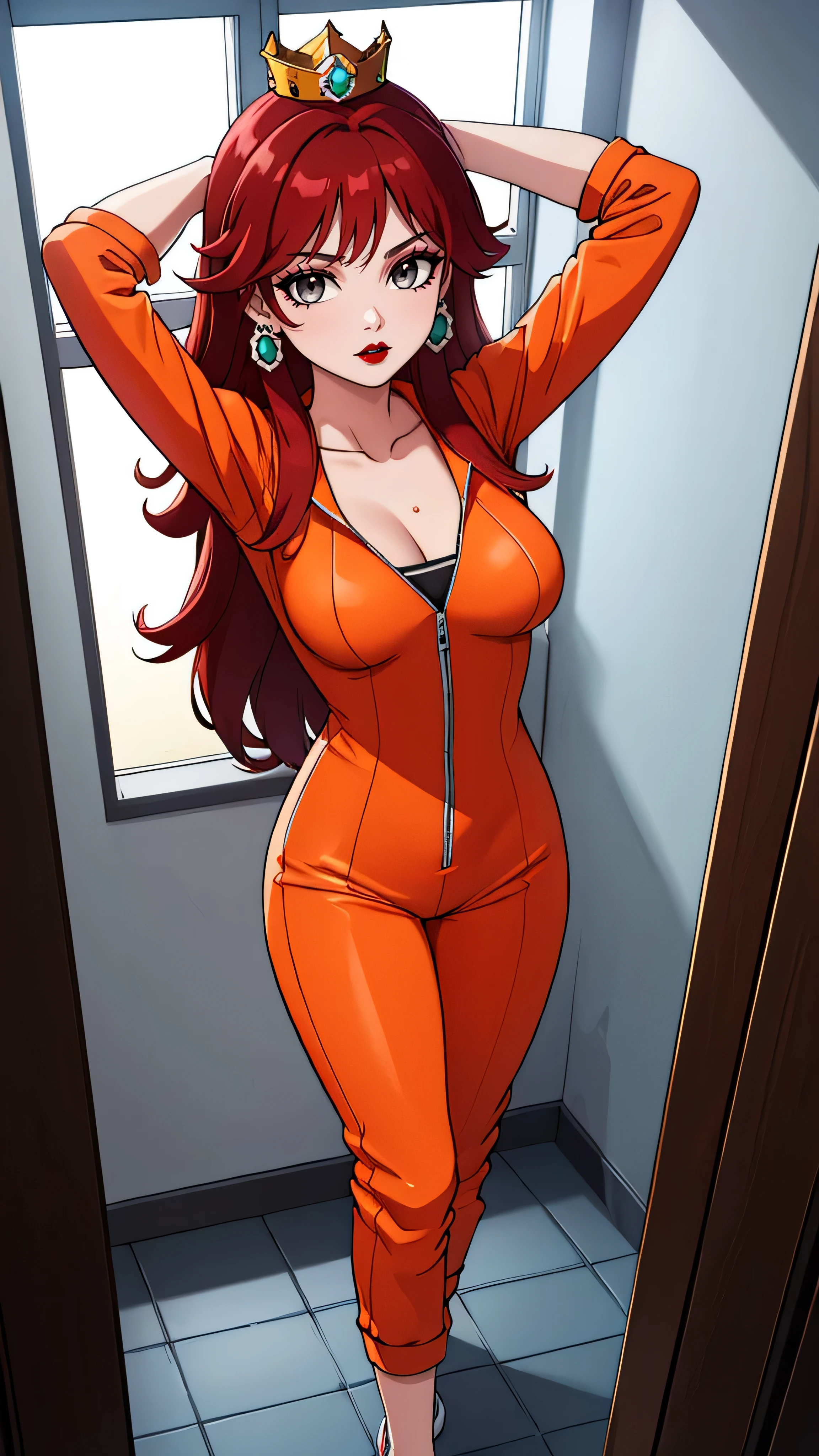 ((high detailed, best quality, 4k, masterpiece, hd:1.3)), ((best quality)), (((HD))), (((8k))), (ultraDH), (ultra HD), Shower_room_background, shower room, Getting out of the shower, Soothing Shower, sunlight through the window, window, wooden room, Princess Daisy, BREAK neon blue eyes, seductive, attractive, shy_smile, smooth anime cg art, 36C_breasts, cleavage, 36C cleavage, long legs, vivid colors, detailed digital art, slim body, perfect skin, dark red hair, long red hair, dark hair, red hair, long_dark_red_hair_over_breasts, dark_red_hair_over_breast, wet hair, wet red hair, wet_dark_red_hair, wet_dark_red_hair_over_breast, BREAK crown, looking at viewer, BREAK looking at viewer, extremely detailed face, (orange and white jumpsuit), (Jumpsuit:1.5), (orange and white racing suit), (racing suit:1.5), (orange high heels), full body, earrings, gem, dark gothic eyeshadows, dark eyeshadows, black eyeshadows, black_sexy_lips, black lips, dark lips, gothic painted lips, dark_black_lips, very dark lips, black_painted_lips, (very thin lips), thin lips, detailed lips, (dark:1.2), (perfect hands, perfect anatomy), black makeup, detailed fingers, five fingers per hand, 5 fingers, (1 girl), (solo:1.3), (breast focus), (breasts out:1.3), (from above:1.3), (arms rised:1.3), (arms up:1.3),