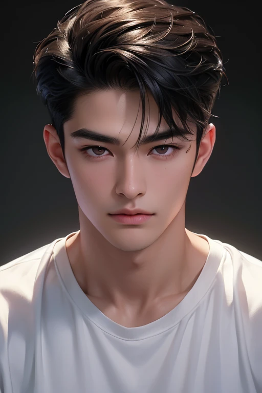 ((High quality)), ((masterpiece)), ((highly detailed)), perfect face, realistic, ((man)), ((Asian)), full body, young, 20 years old, black hair, comma hair cut style, ((handsome)), detailed eyes, beautiful detailed nose, realistic body, realistic light, comfortable expressions, cute guy, sweat guy, cool guy, young, muscular body, white shirt, sexy