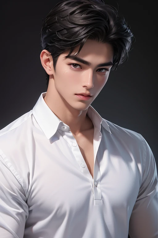 ((High quality)), ((masterpiece)), ((highly detailed)), perfect face, realistic, ((man)), ((Asian)), full body, young, 20 years old, black hair, comma hair cut style, ((handsome)), detailed eyes, beautiful detailed nose, realistic body, realistic light, comfortable expressions, cute guy, sweat guy, cool guy, young, muscular body, white shirt, sexy, hot