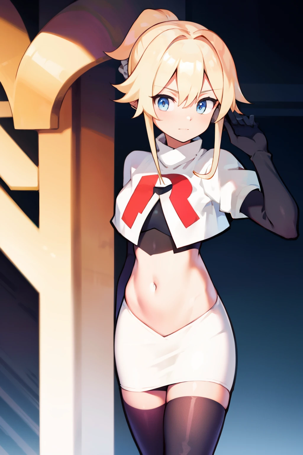 absurdres, highres, (official art, beautiful and aesthetic:1.2), ultra detail, beautiful person, bangs, blue eyes, blonde hair, long hair, hair between eyes, ponytail,
gloves, bow, hair between eyes, ponytail, hair bow, sidelocks, jean \(genshin impact\),
team rocket,team rocket uniform,white skirt,red letter R,crop top,black thigh-highs,black elbow gloves,