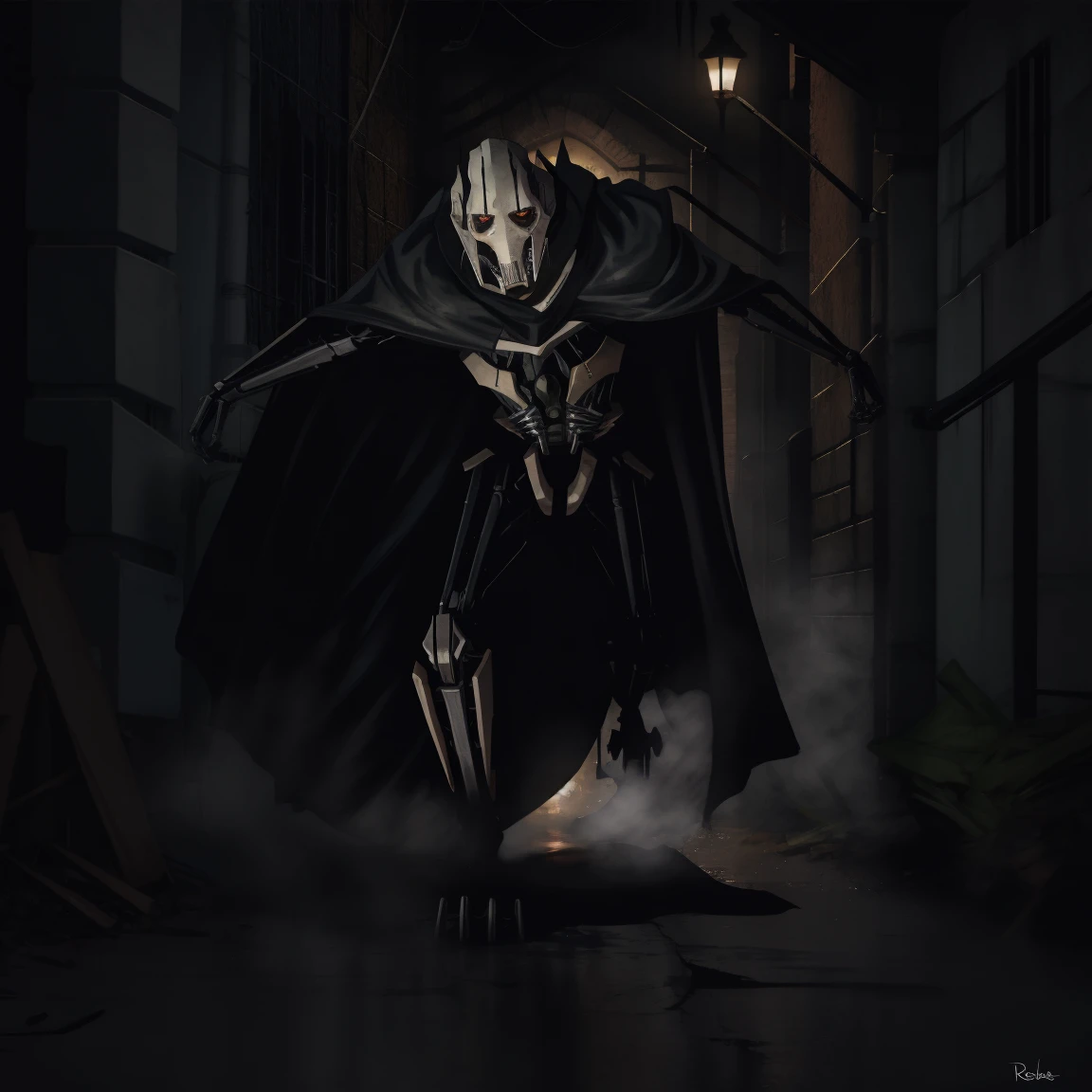 General Grievous, black cape, terrifying, tall, shadows, shading, slender, horrifying pose, dark alley, bloody, dark, looking at you, horror