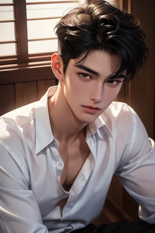 ((High quality)), ((masterpiece)), ((highly detailed)), perfect face, realistic, ((man)), ((Asian)), full body, young, 20 years old, black hair, comma hair cut style, ((handsome)), detailed eyes, beautiful detailed nose, realistic body, realistic light, comfortable expressions, cute guy, sweat guy, cool guy, young, muscular body, white shirt, sexy, hot