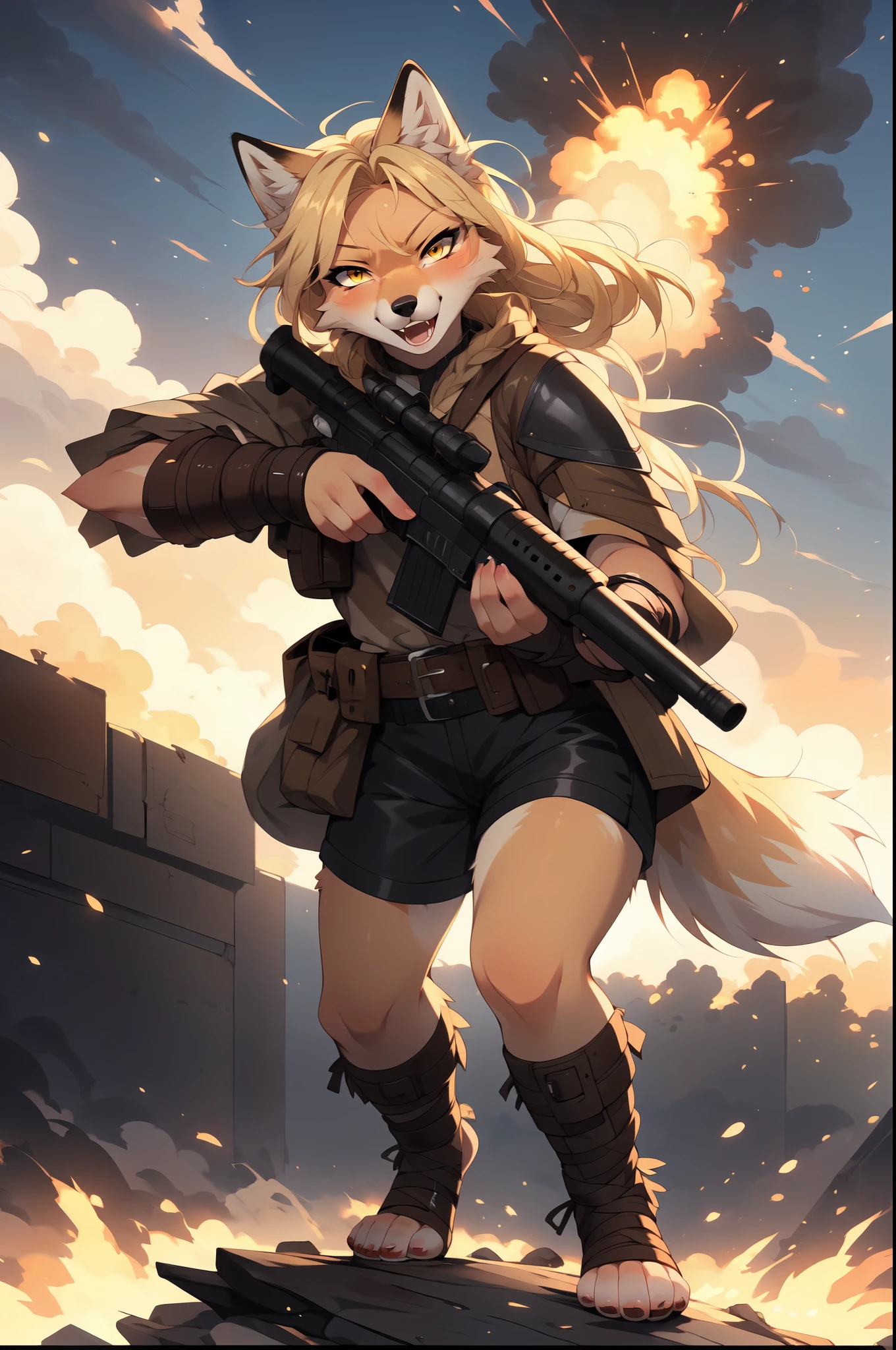 By fumiko, by hyattlen, by hioshiru, solo, tan fox girl, blonde hair, yellow eyes, cute snout, black nose, blonde fox tail, wearing brown cloak, leather armor top, leather short shorts, foot wraps, leather gauntlets, exposed fingers, feet wrapped in bandages, exposed toes, holding a sniper rifle with both hands   BREAK     in a post apocalyptic world, explosion behind her, wide open scene, foggy, furrowed eyebrows, mouth open,