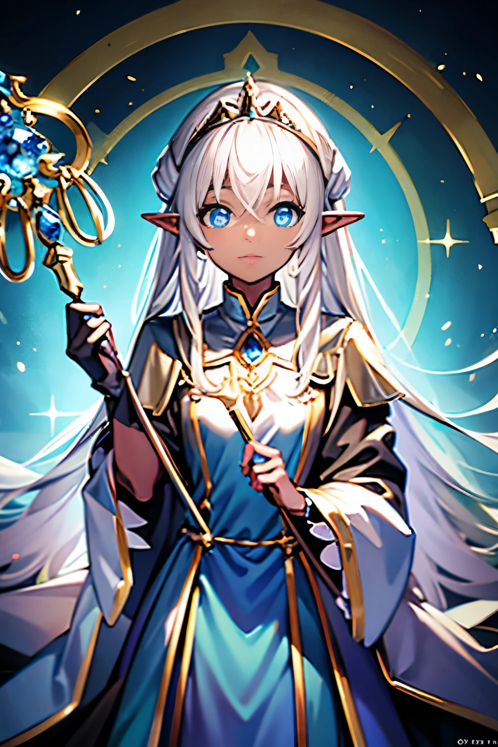 RPG game character, formidable cleric, dark skin, short straight black hair, small eyes, elf, silver tiara with a bright blue stone in the center, holding a magical healing scepter, priest outfit, light clothing with pastel shades of blue, golden chain adorning the neck,